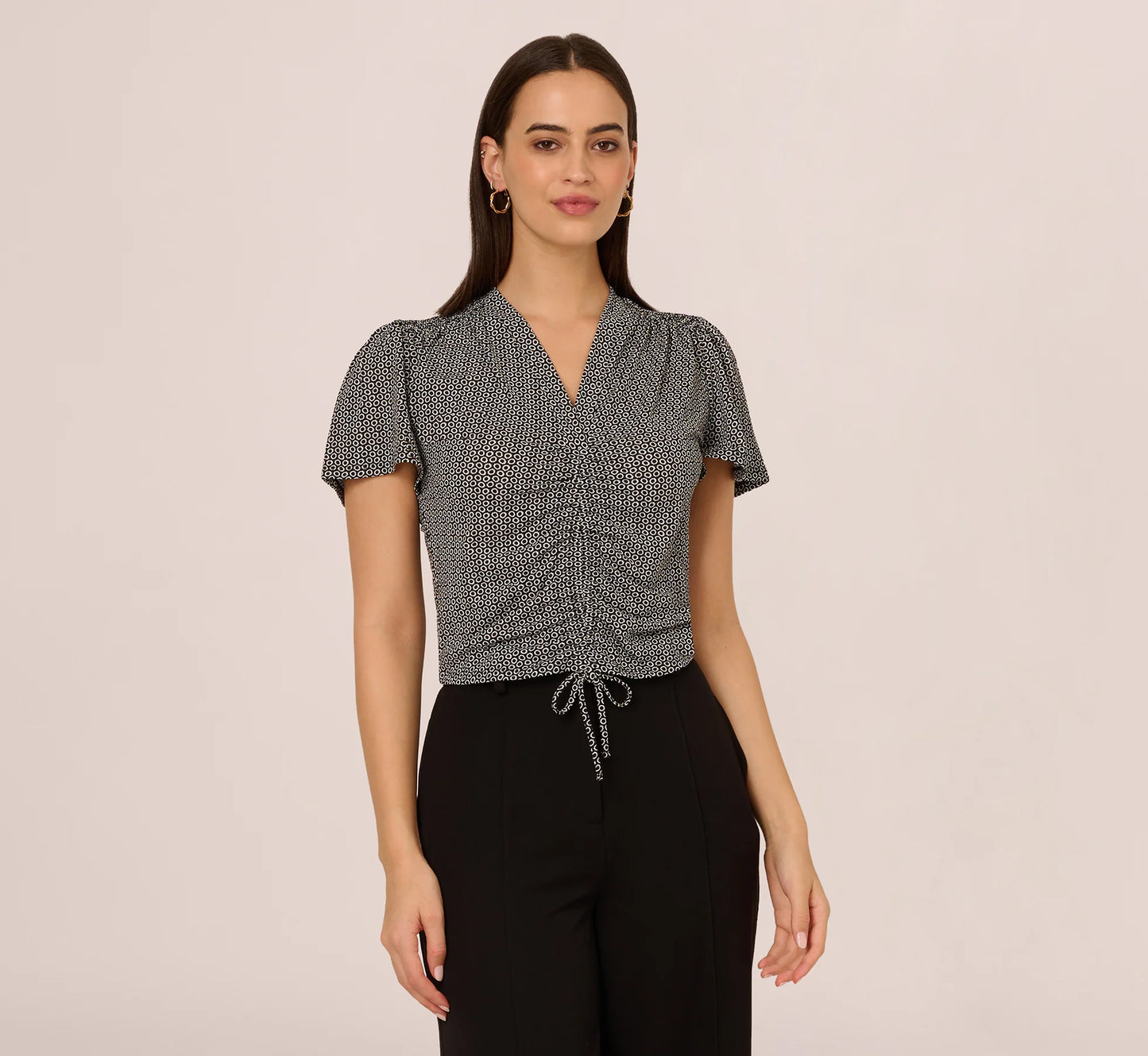 Flutter Sleeve Ruched Front Printed Top In Black Cloud Carnation