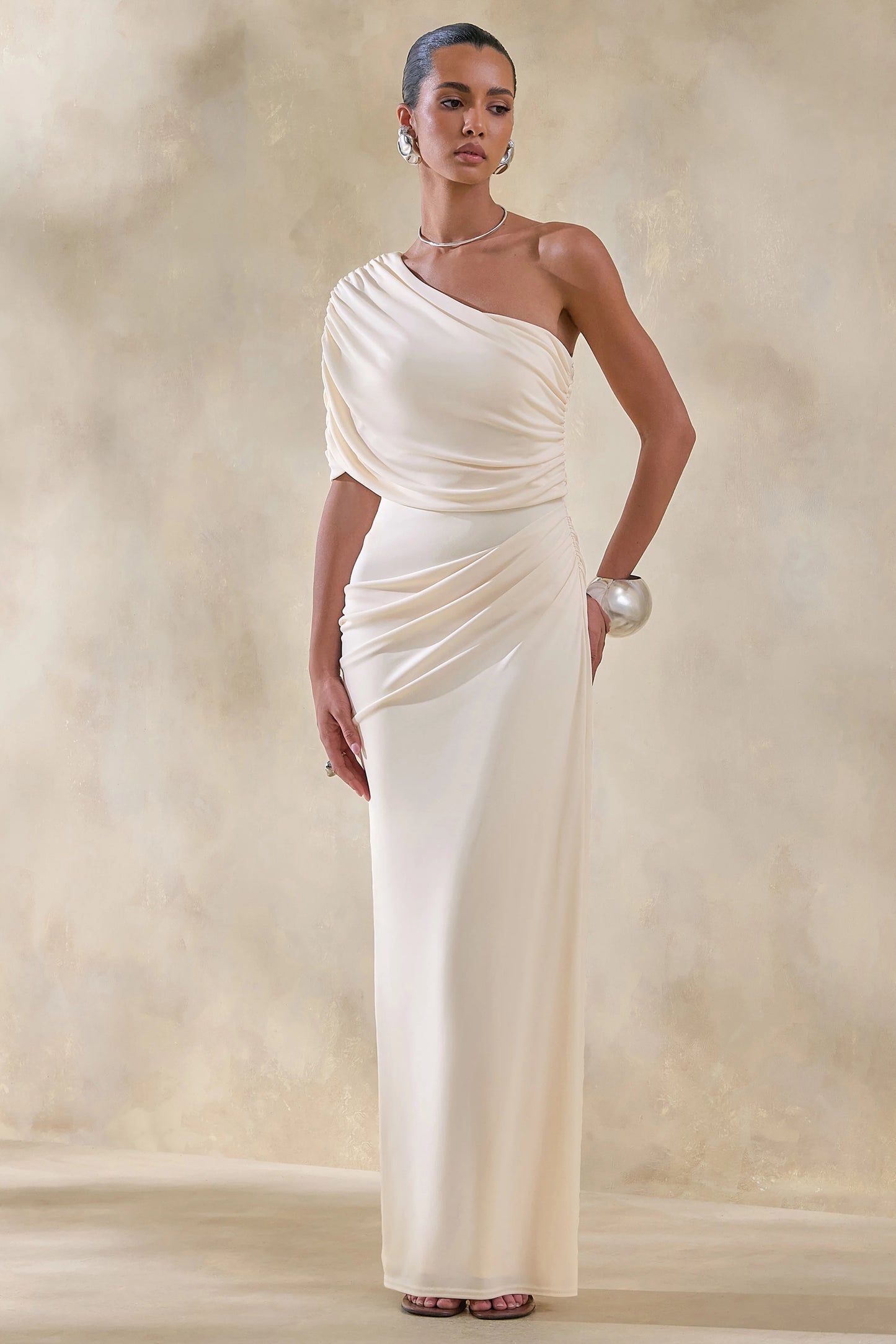 Iberia Cream Asymmetric-Neck Maxi Dress With Draped Detail