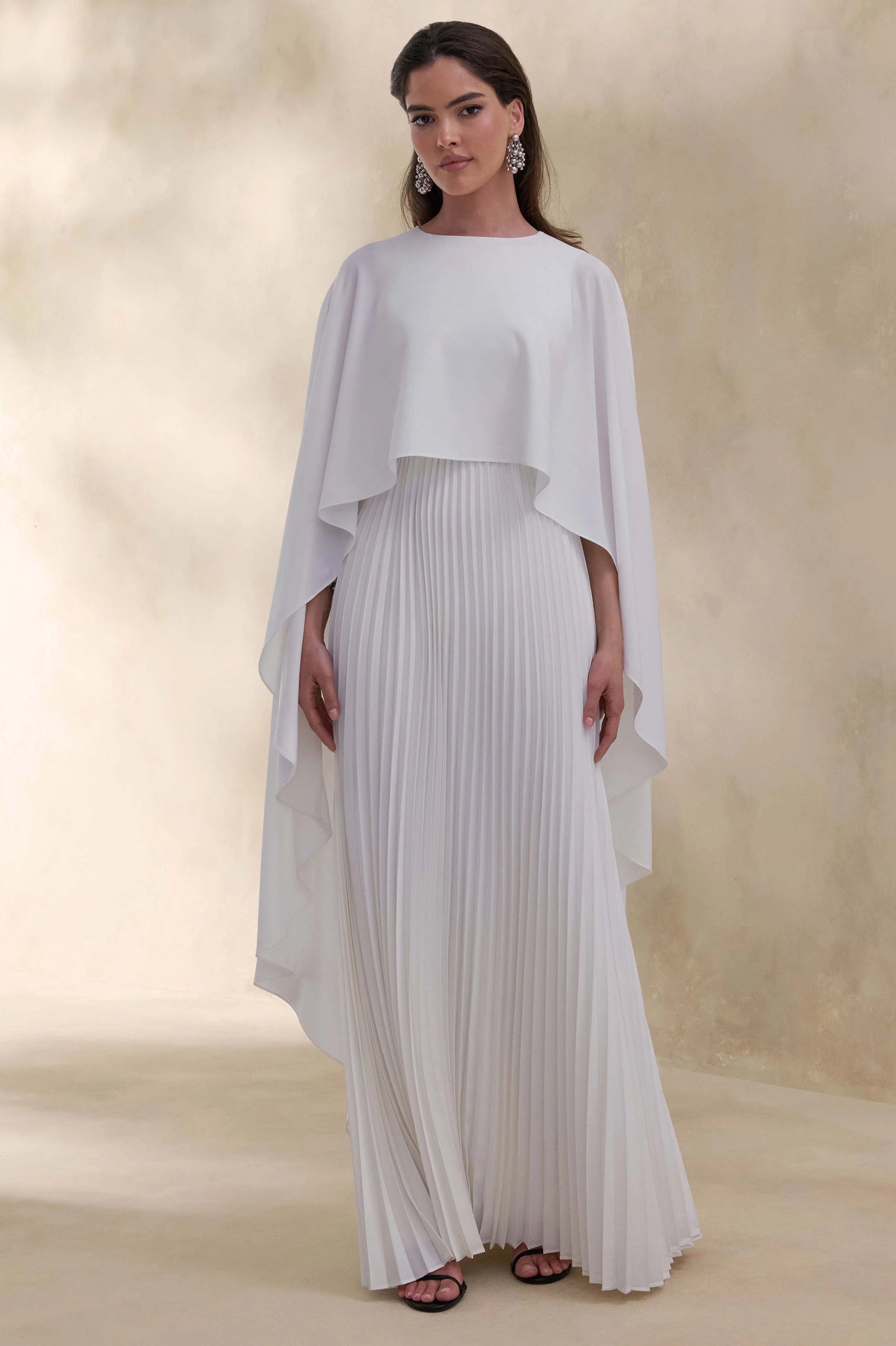 Loradia Cream Satin Round-Neck Maxi Dress With Cape-Sleeves And Pleated-Skirt