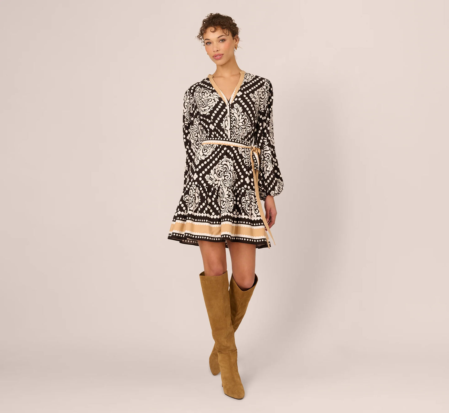 Bishop Sleeve Medallion Printed Short Dress In Black Ivory