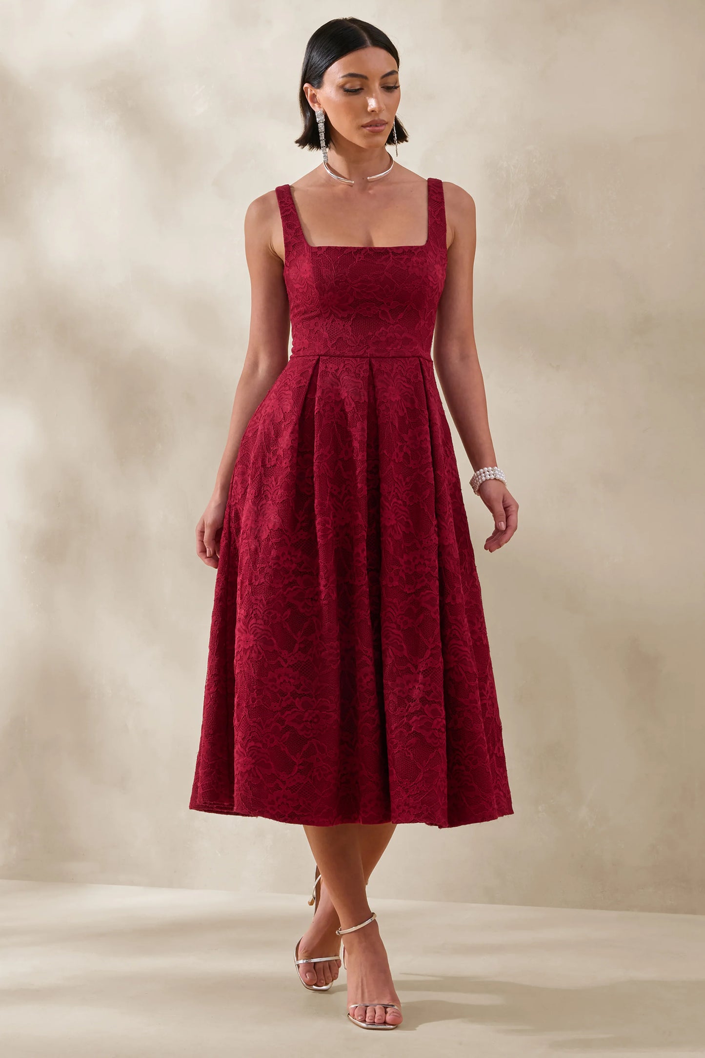 Ashmara Burgundy Lace Square-Neck Midi Dress