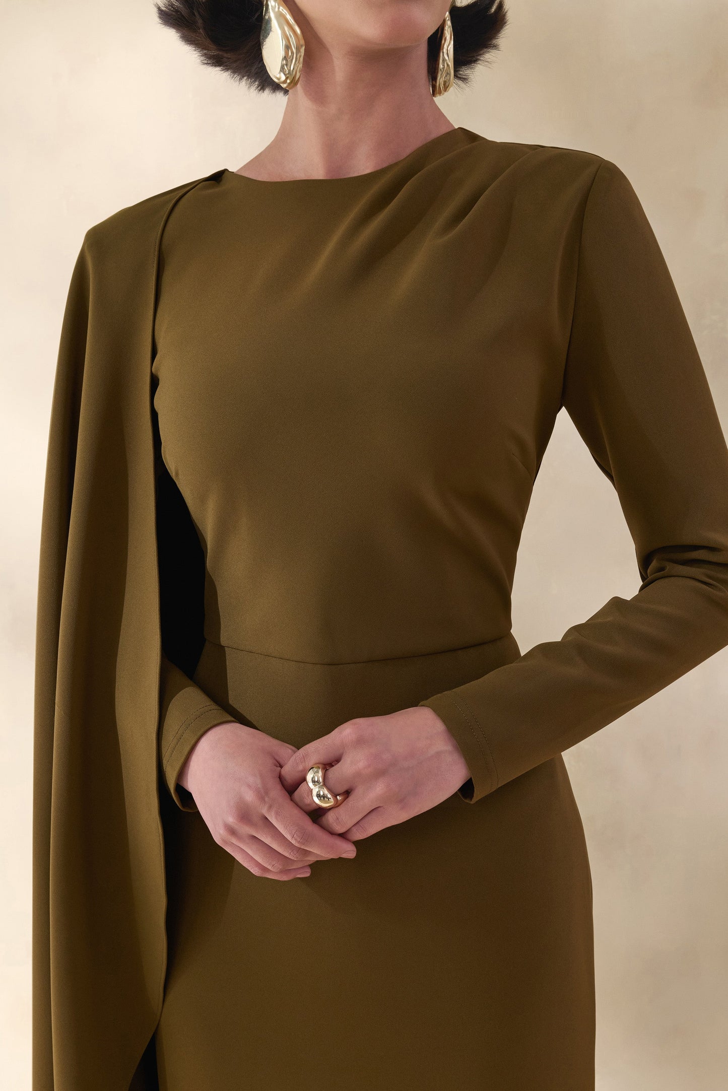 Jovea Olive Round-Neck Maxi Dress With Cape-Sleeve