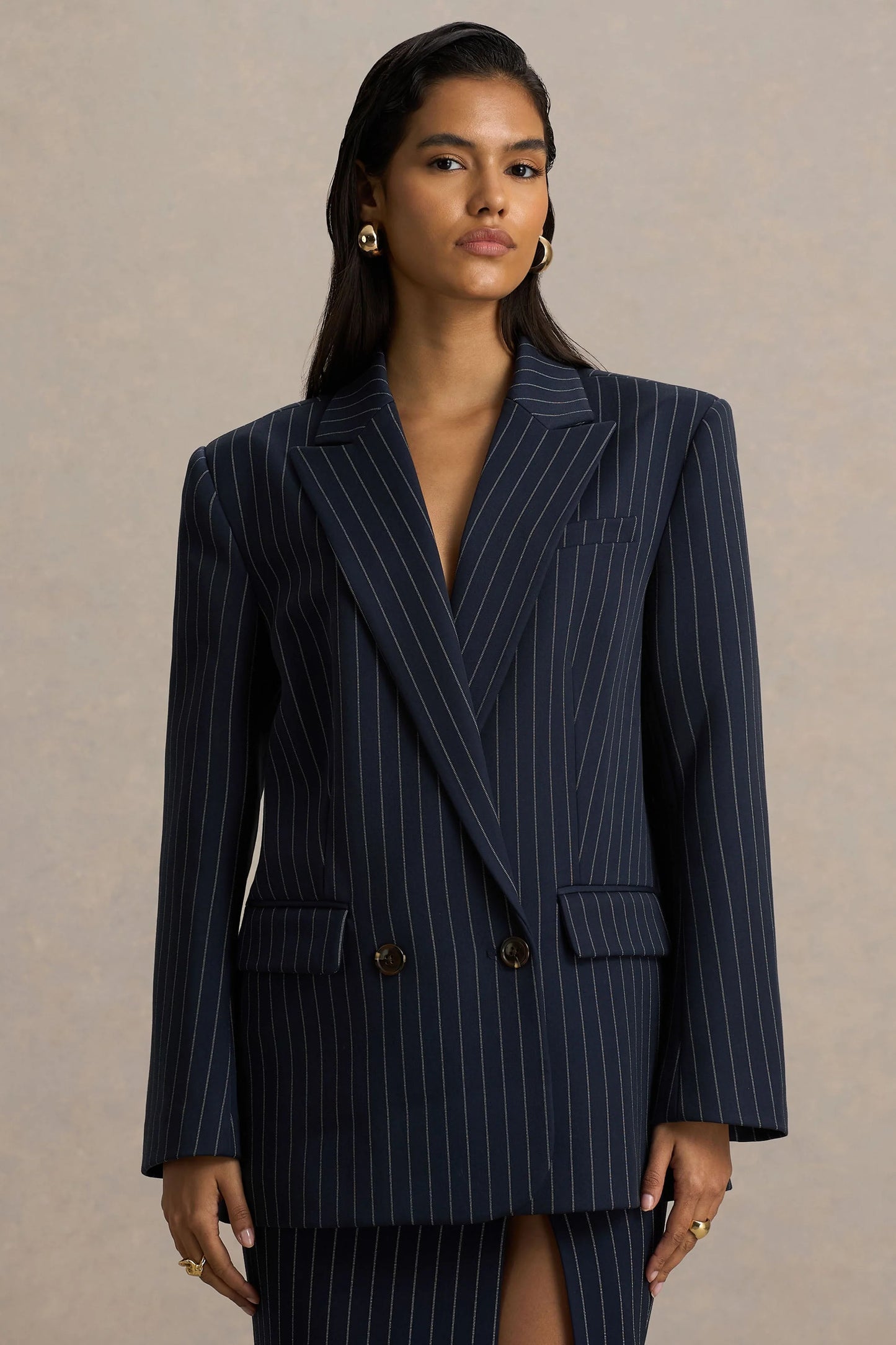 Alana Navy Pinstripe Plunge-Neck Oversized Blazer