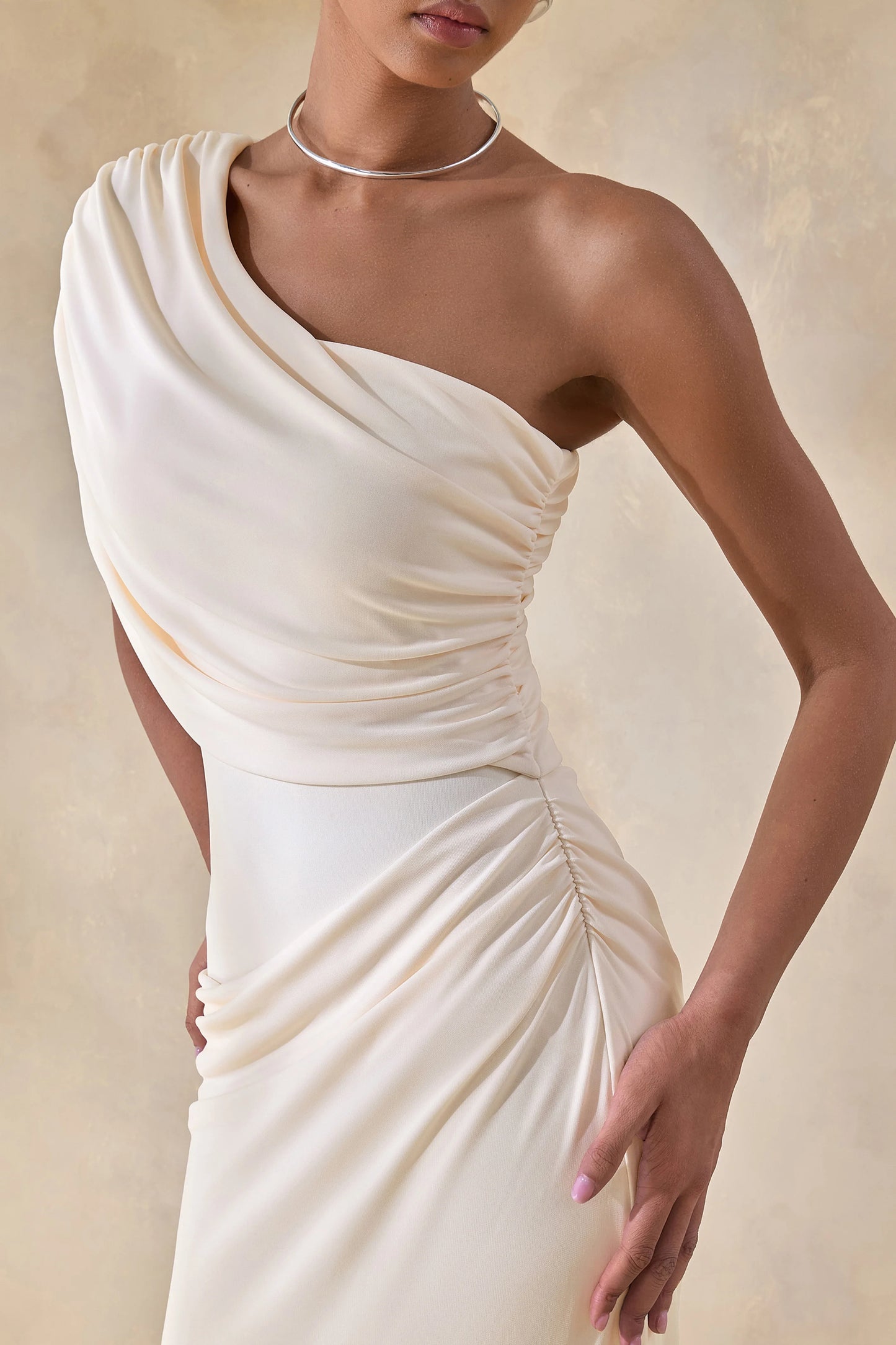 Iberia Cream Asymmetric-Neck Maxi Dress With Draped Detail