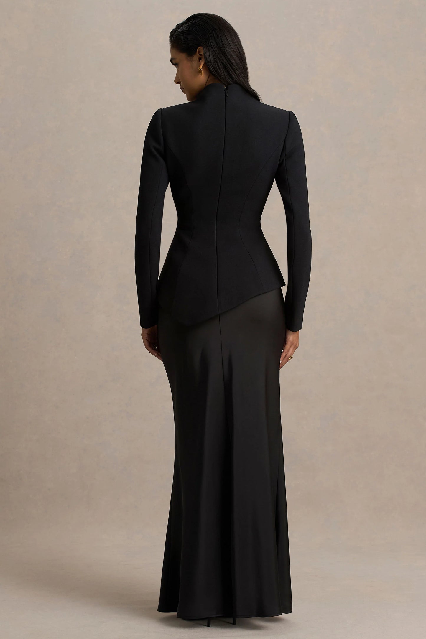Pepita Black High-Neck Tailored Maxi Dress With Drop-Waist And Satin Skirt