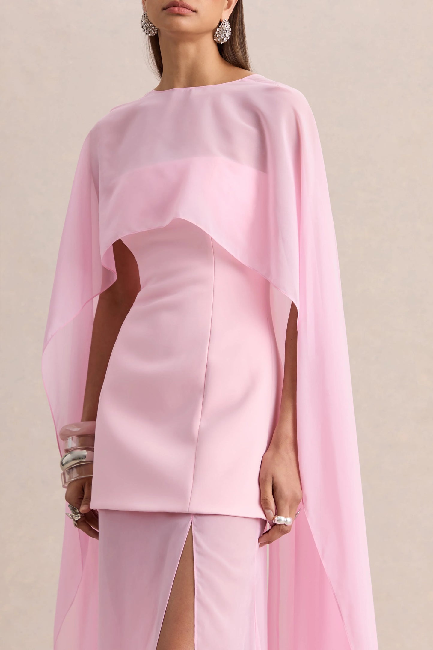 Chessa Light Pink Boat-Neck Maxi Dress With Sheer Cape
