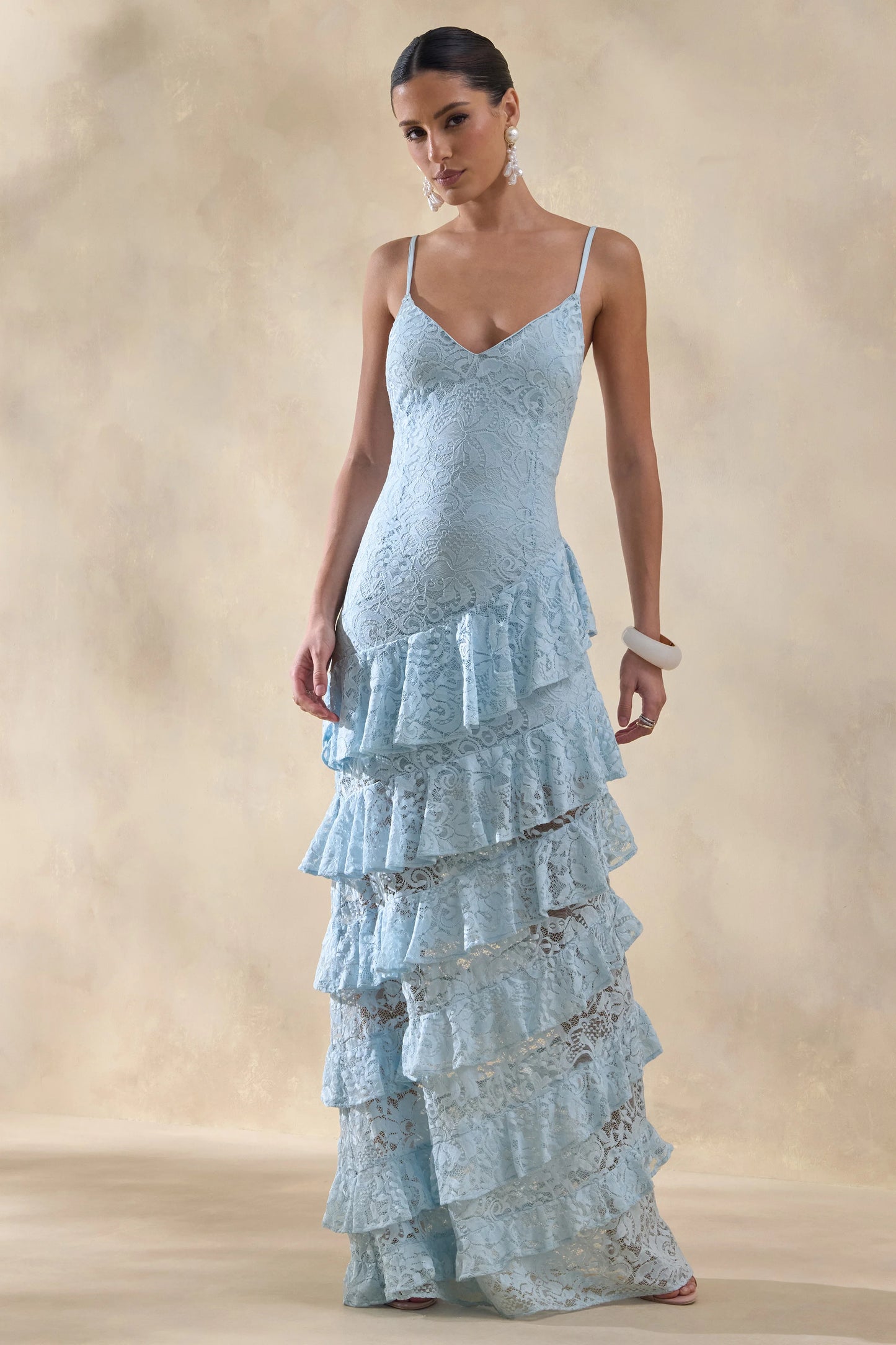 Avelisse Blue Lace Plunge-Neck Maxi Dress With Ruffled Detailing