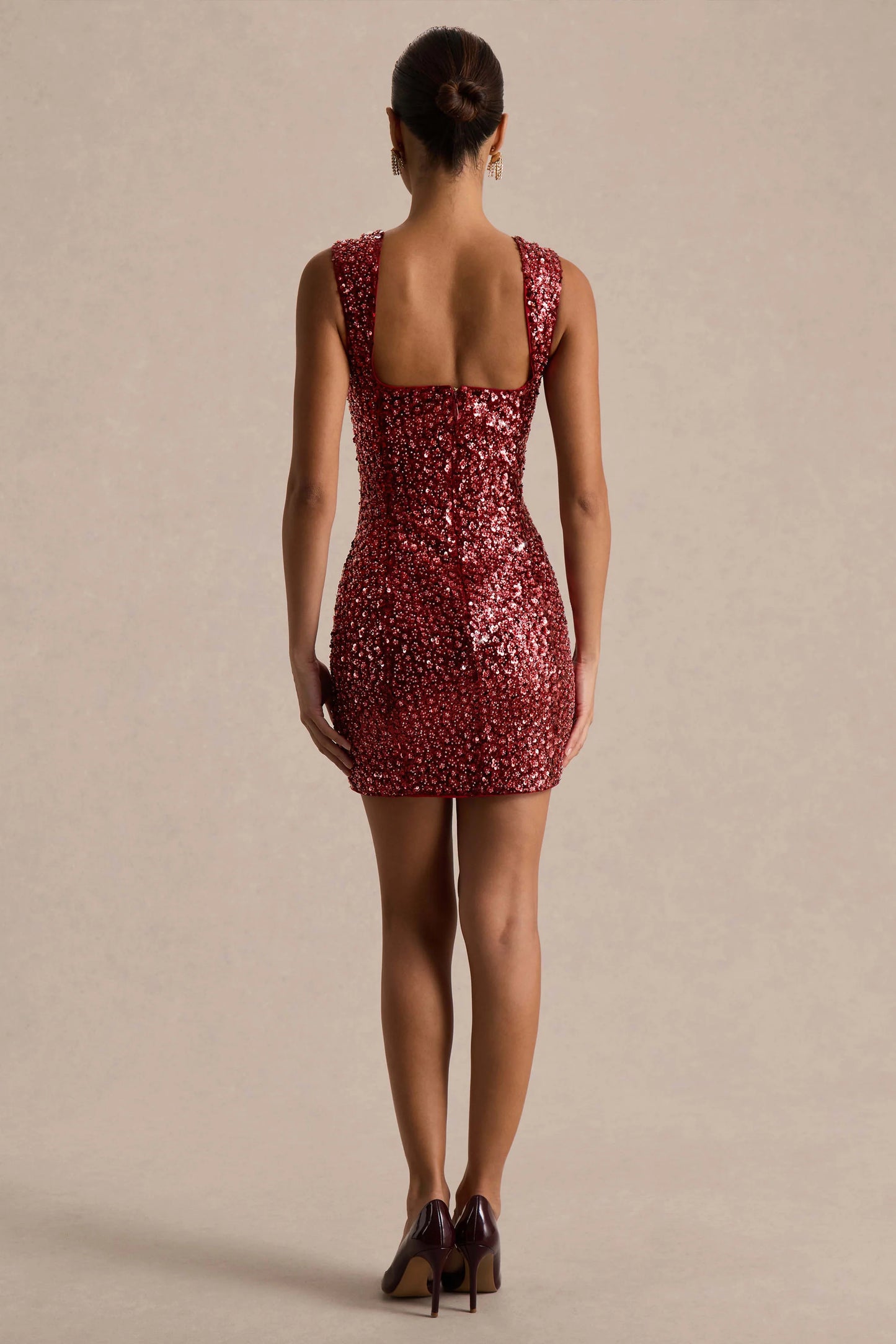 Elettra Burgundy Sequin Square-Neck Mini Dress