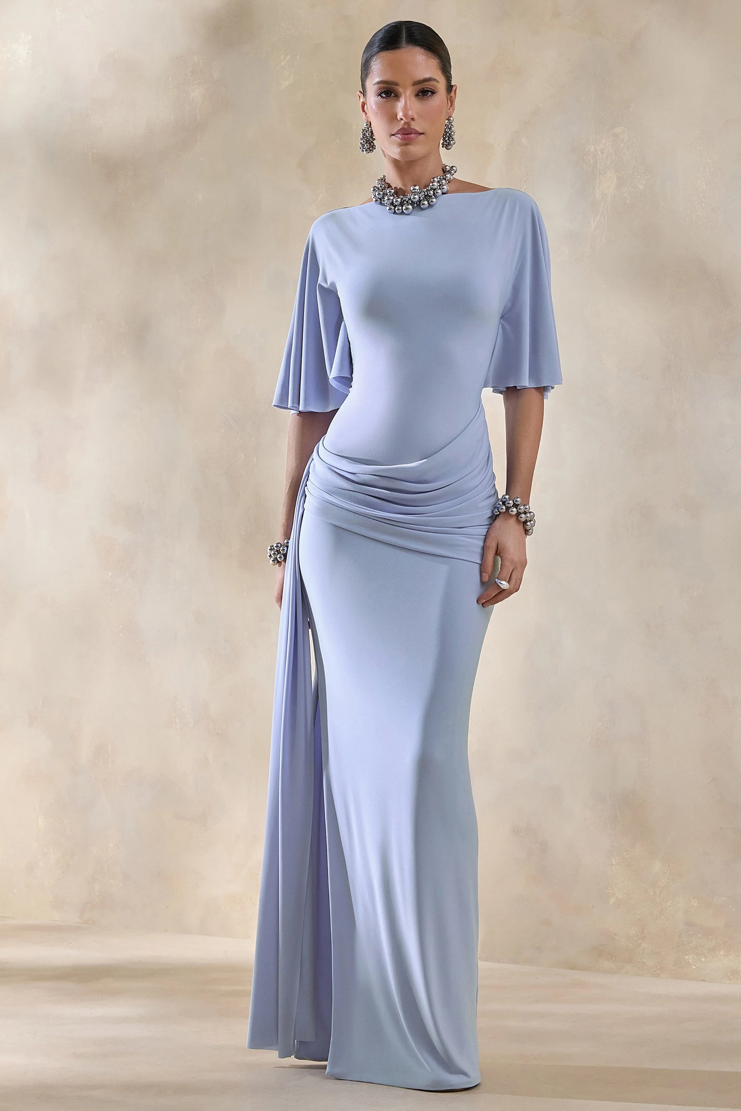 Emerelle Powder Blue Wide-Neck Maxi Dress With Sash And Draped-Detailing