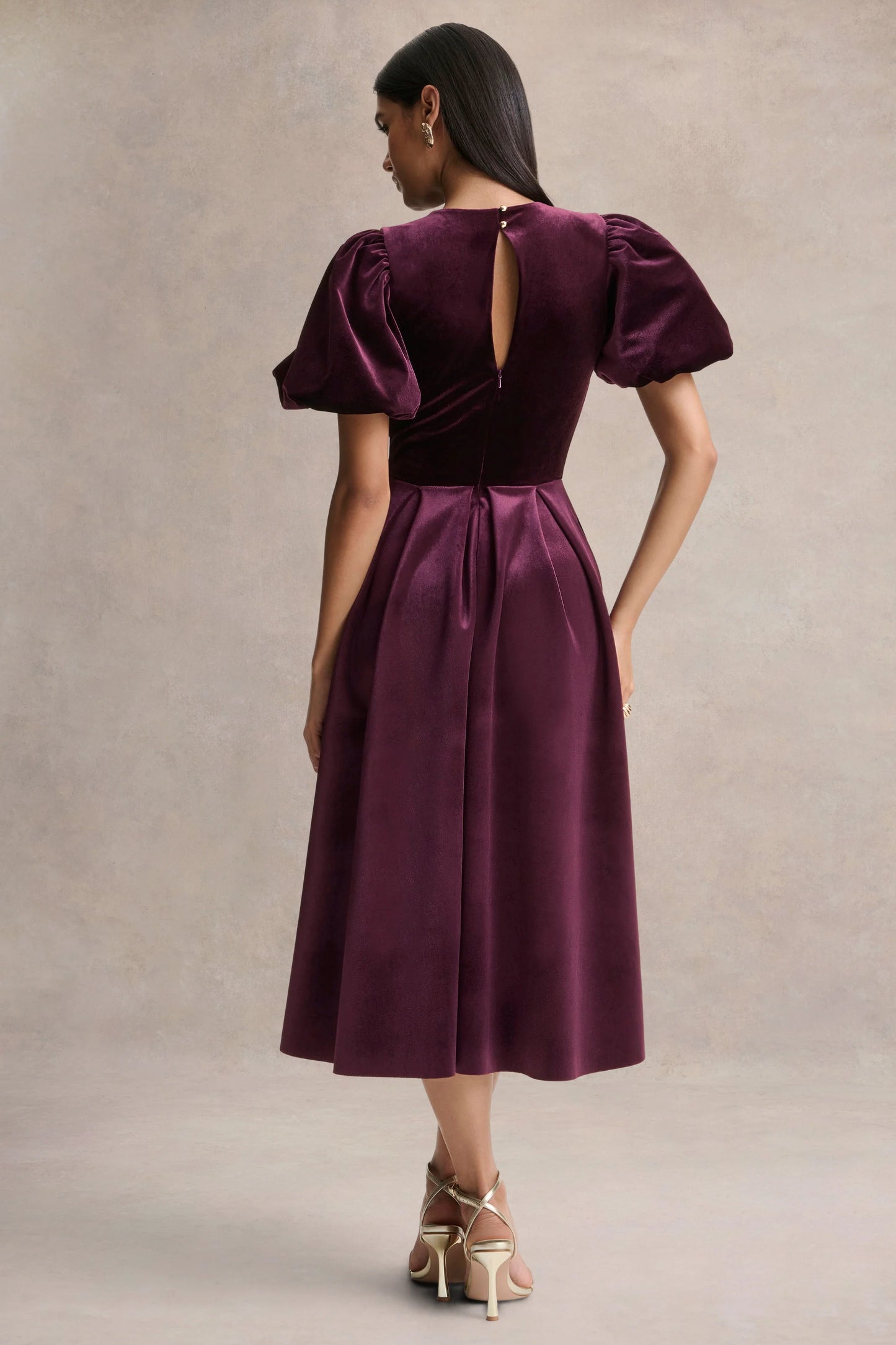 Seraphic Burgundy Velvet Puff-Sleeve Midi Dress