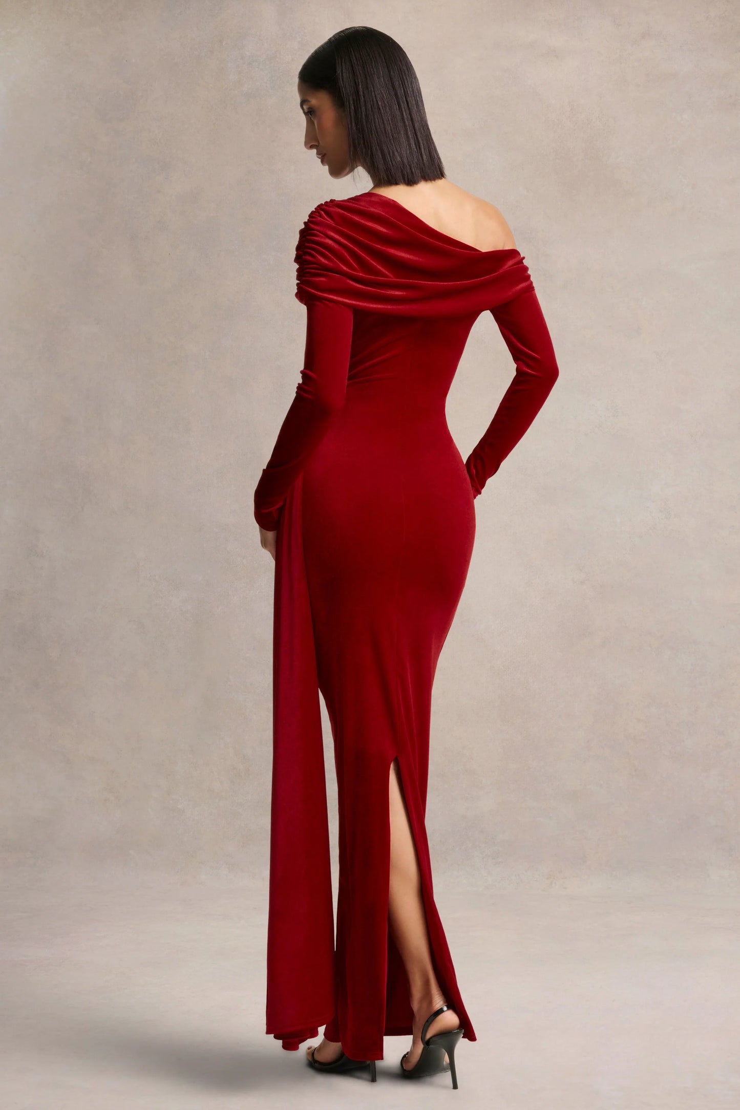 Hadria Red Velvet Asymmetric-Neck Maxi Dress With Sash-Detail
