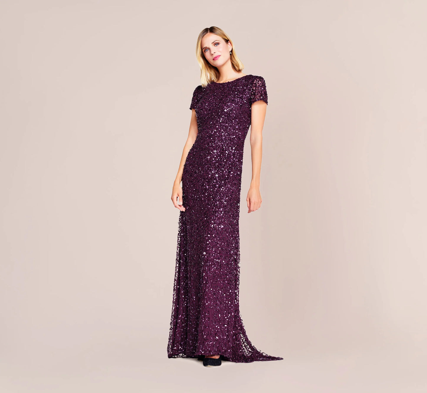 Scoop Back Sequin Gown In Cabernet