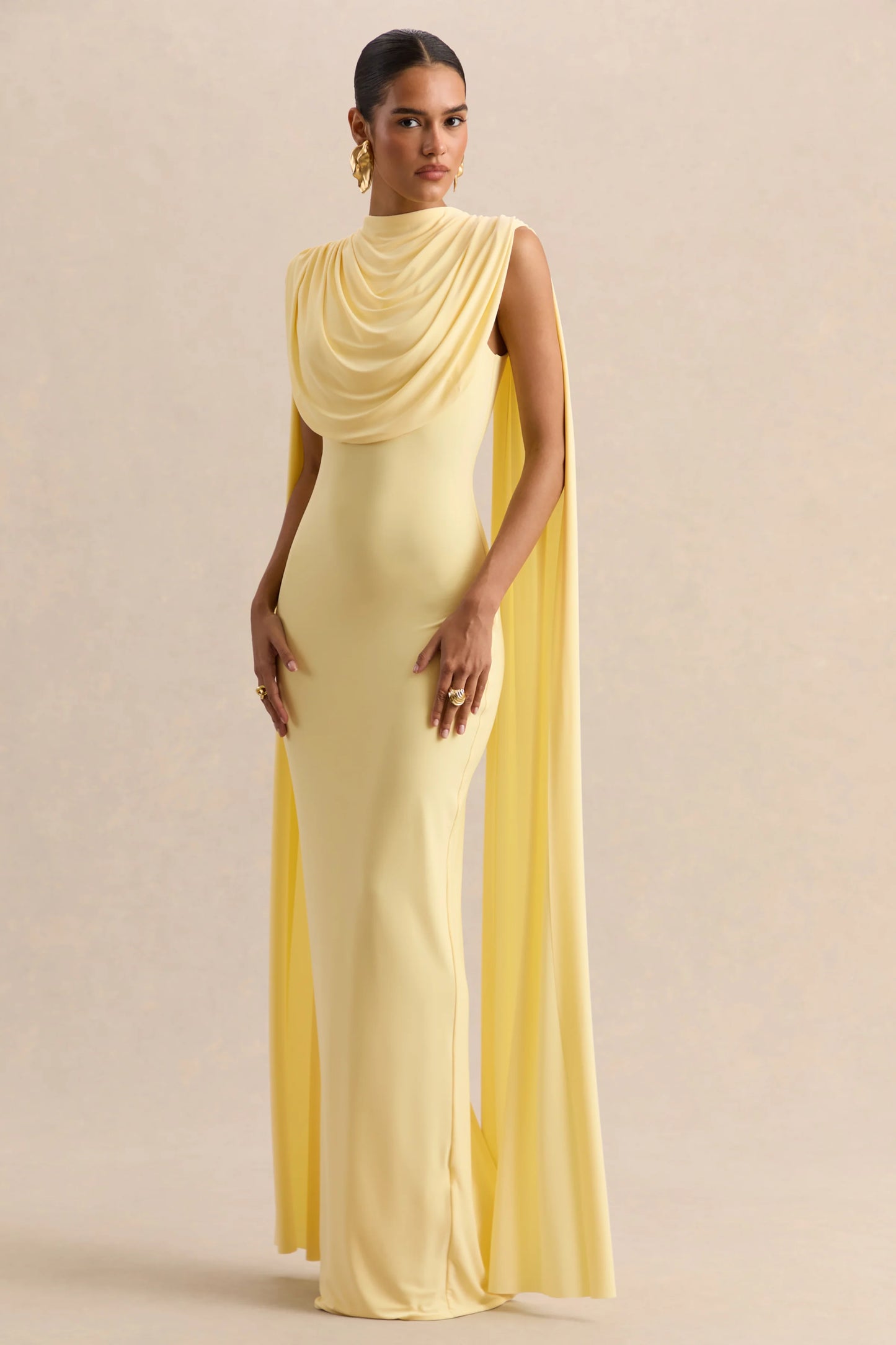 Patrina Lemon High-Neck Maxi Dress With Draped-Detailing And Cape-Sleeves