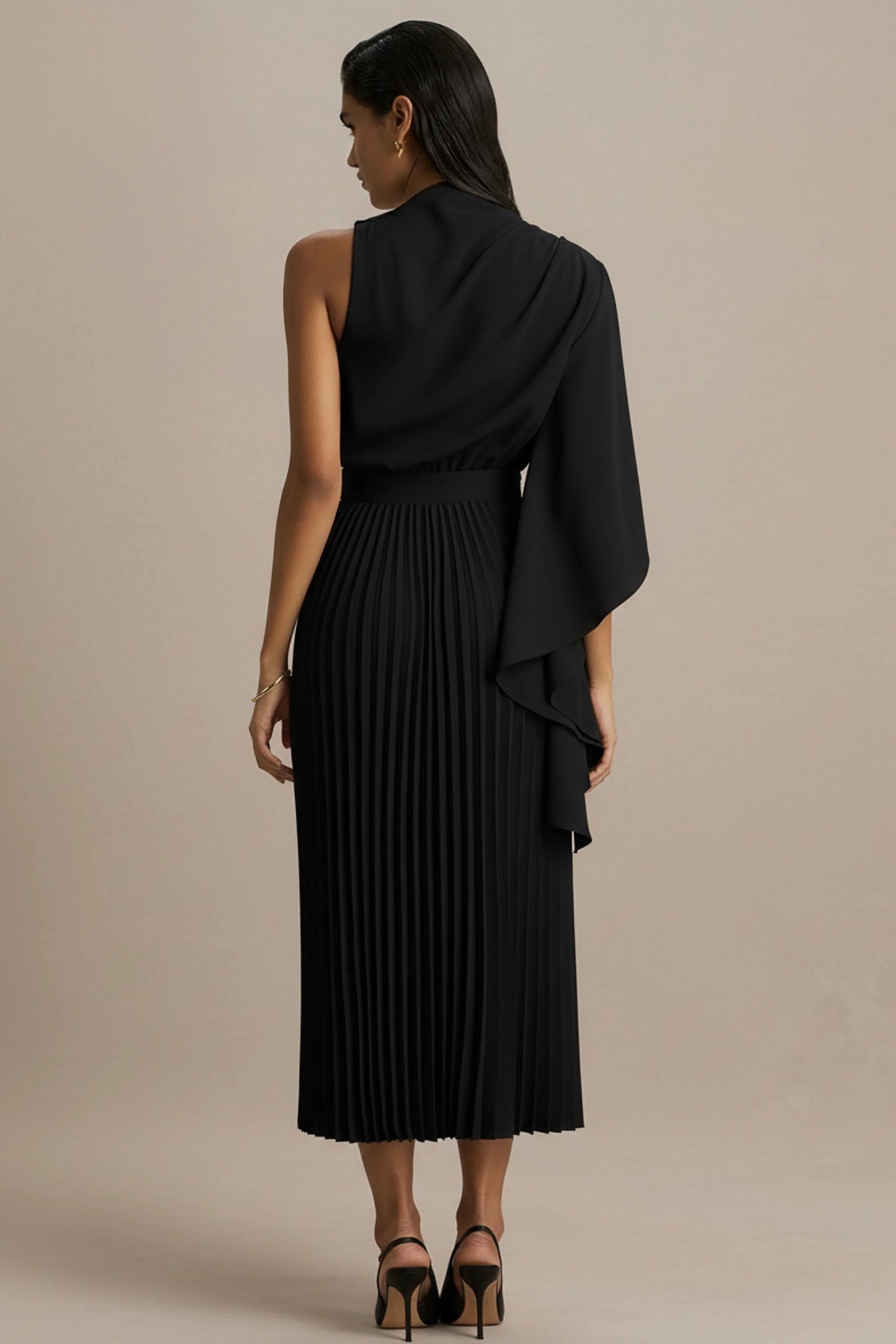 Jimena Black High-Neck Midi Dress With One-Long Sleeve And Pleated Detailing
