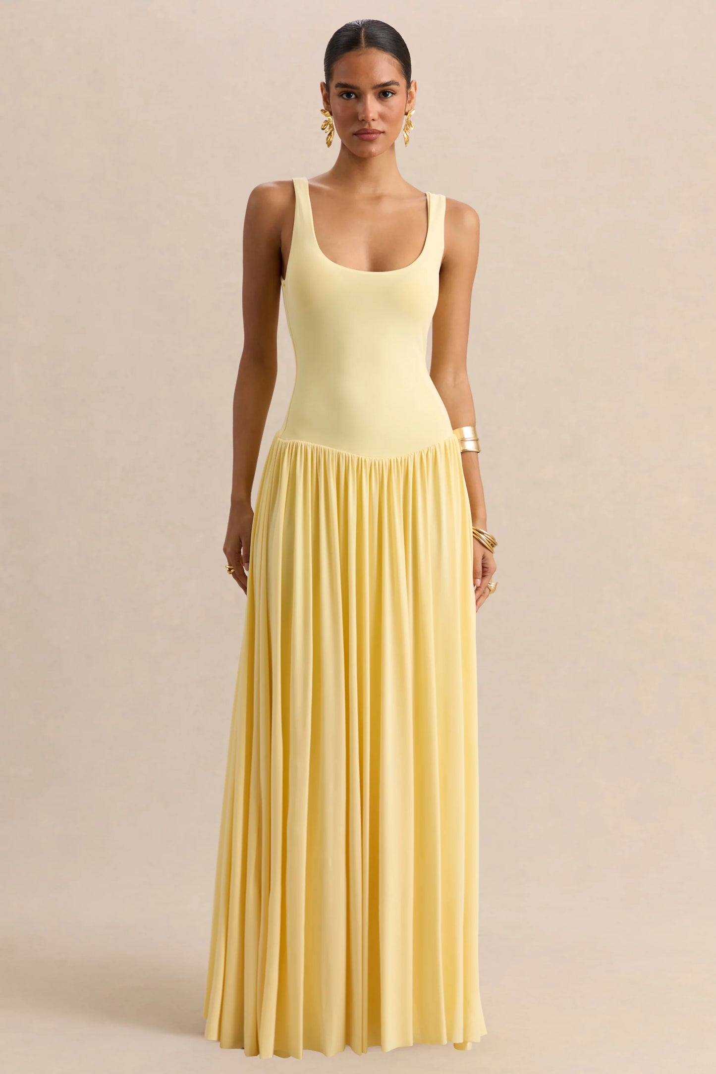 Aurina Lemon Square-Neck Maxi Dress With Scarf-Detail