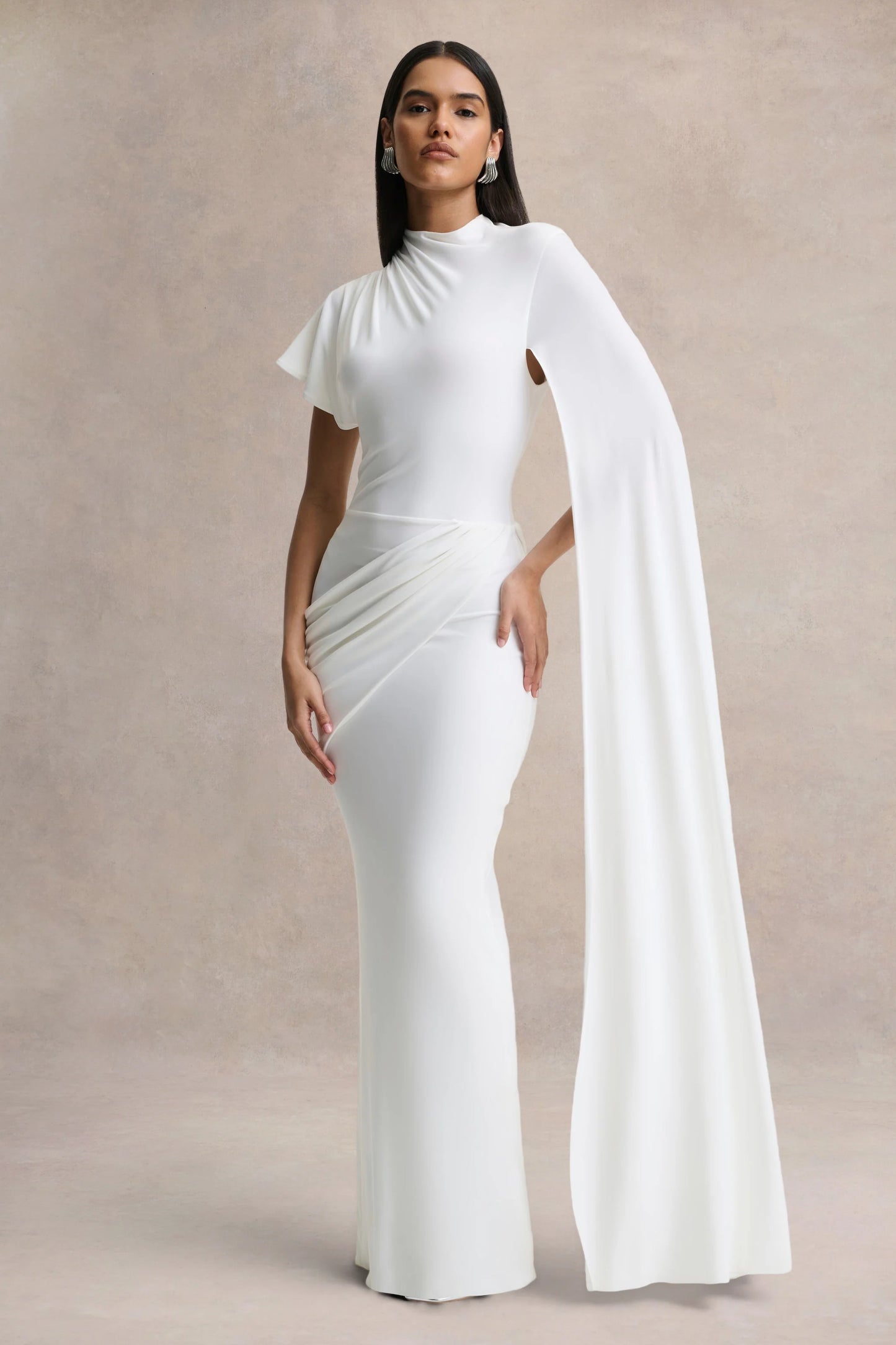 Tropic White High-Neck Maxi With Long Cape Sleeve