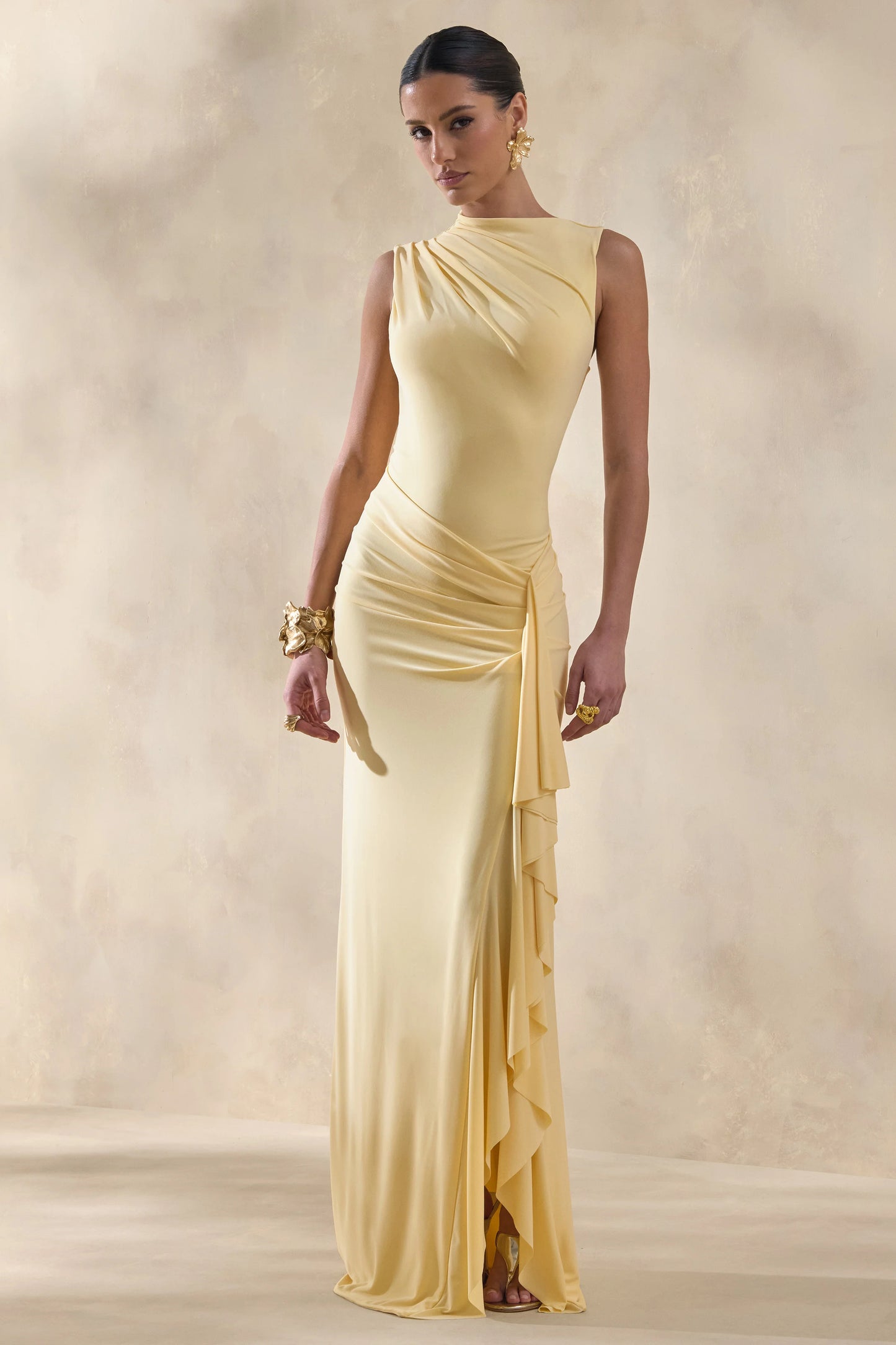 Helessia Lemon Asymmetric-Neck Maxi Dress With Gathered-Detailing And Sash