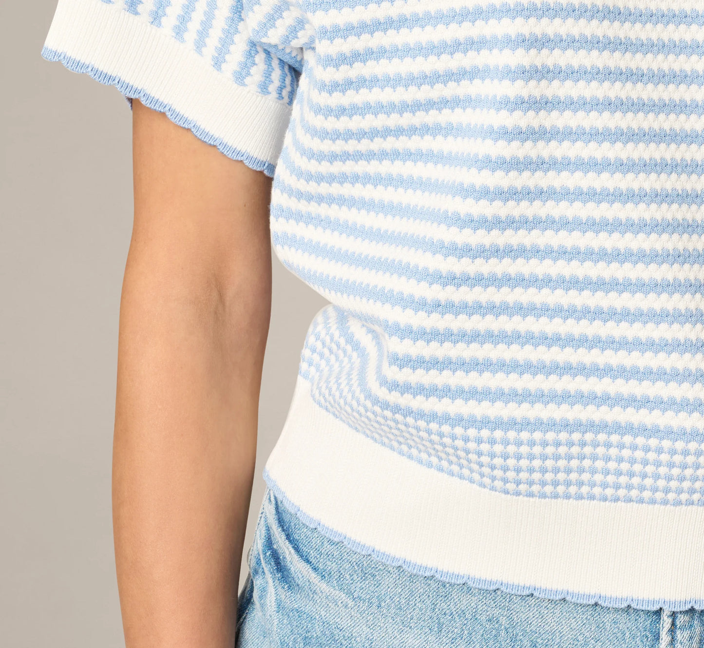 Dolman Sleeve Scalloped Trim Sweater In Ivory Classic Blue