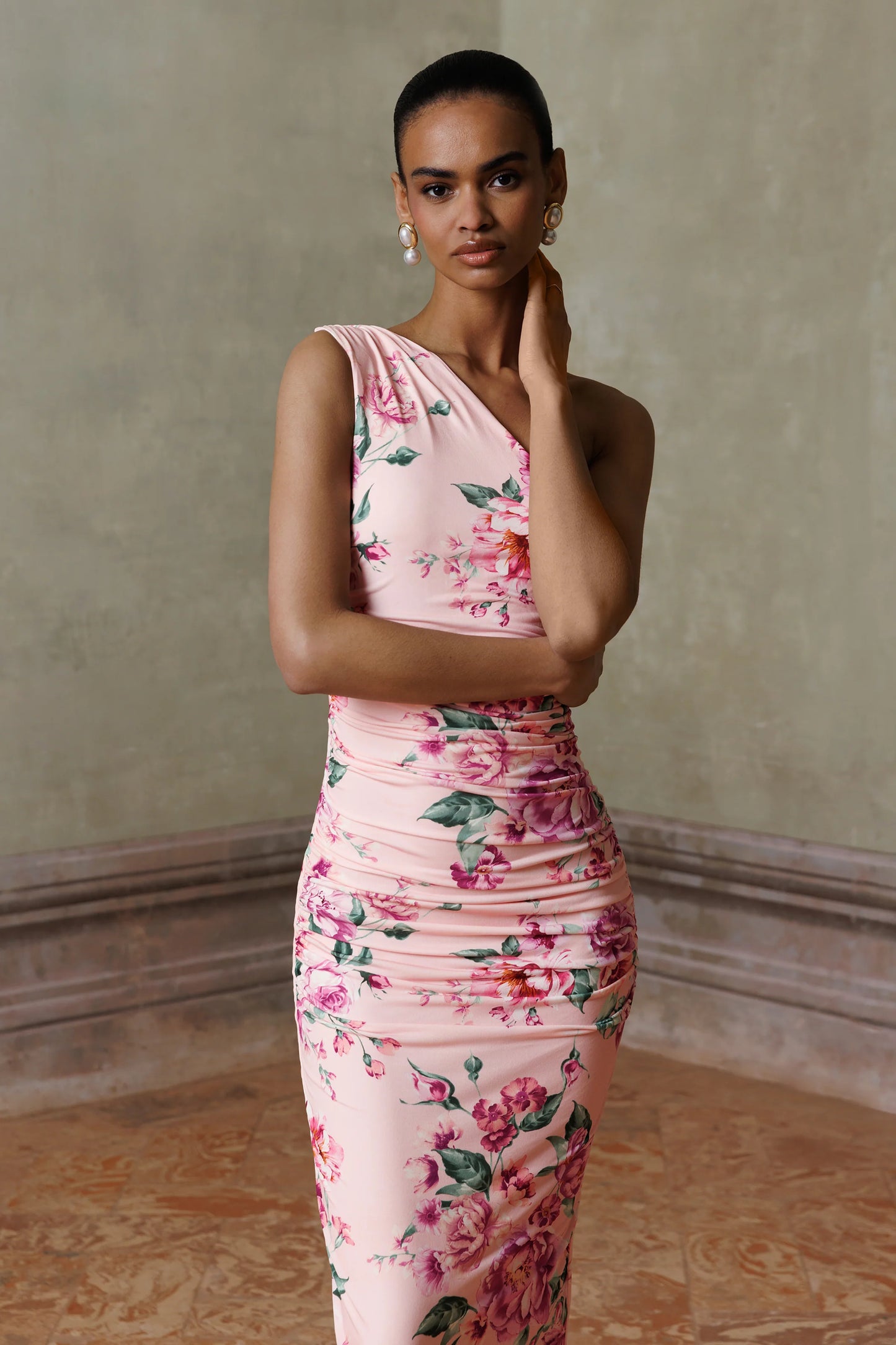 Dalarie Pink Floral Print One-Shoulder Gathered Maxi Dress