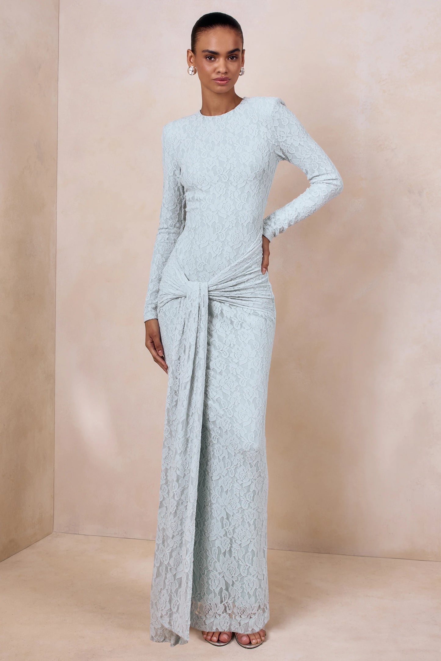 Evangela Powder Blue Lace Crew-Neck Maxi Dress With Wrap-Detail