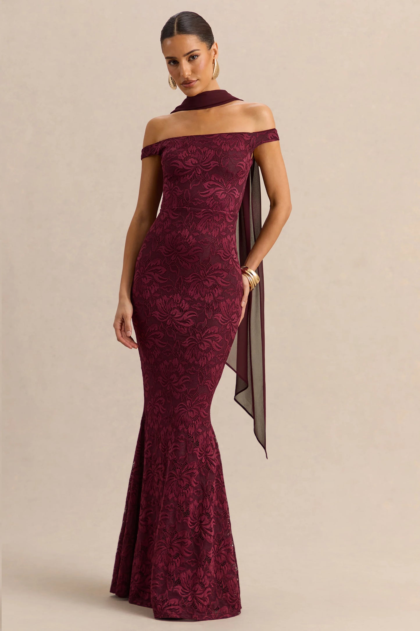 Iselle Burgundy Lace Bardot-Neck Maxi Dress With Scarf-Detail
