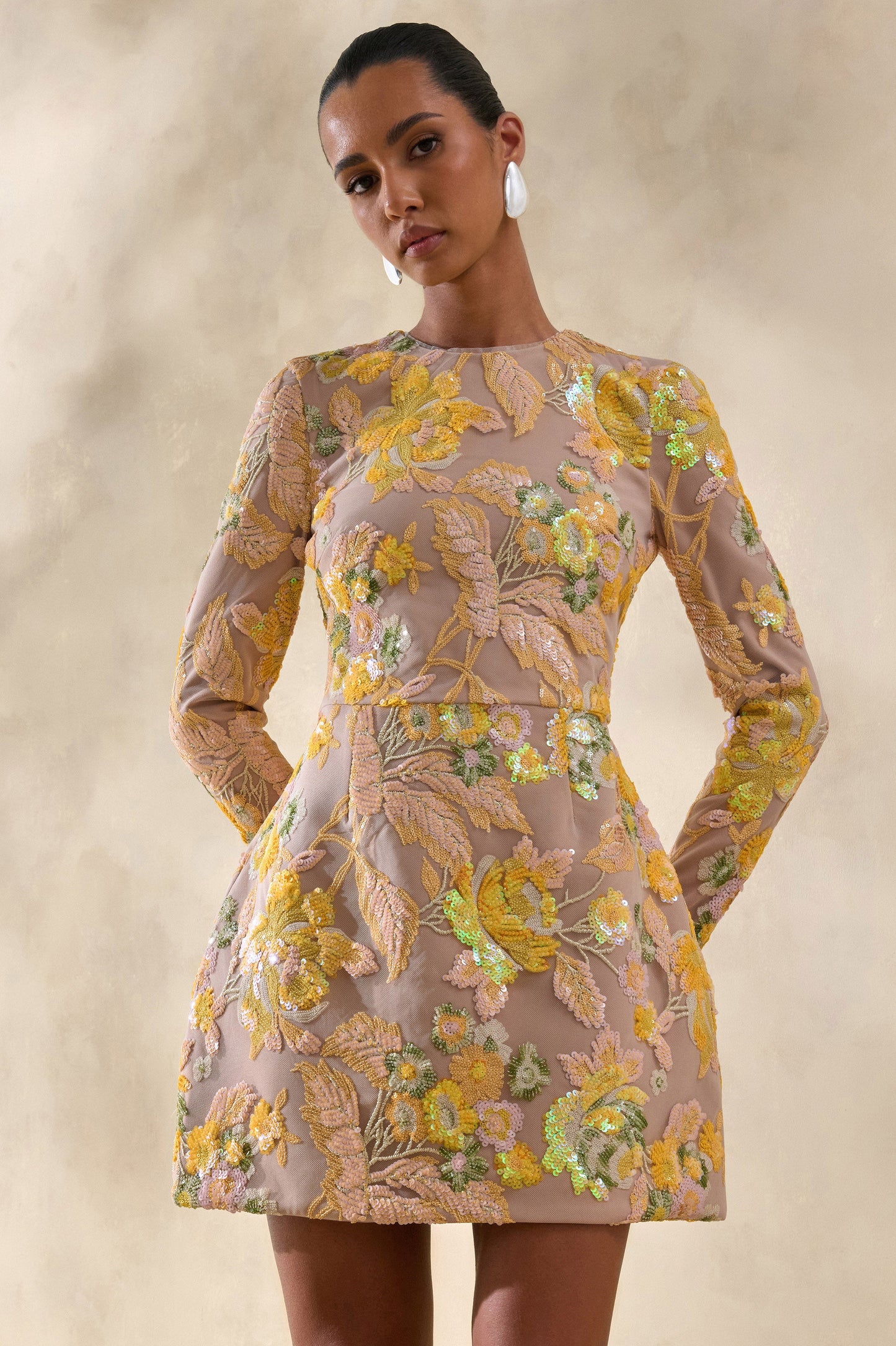 Merdia Yellow Embellished Floral Crew-Neck Mini Dress