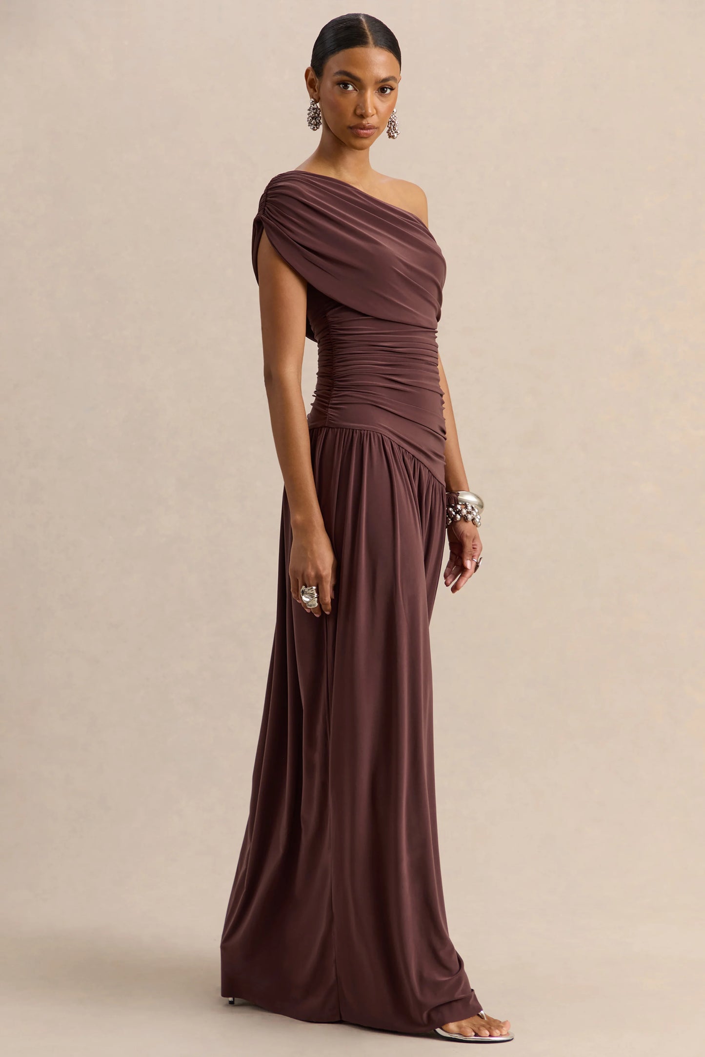 Emberly Brown Draped Asymmetric-Neck Maxi Dress With Drop-Waist