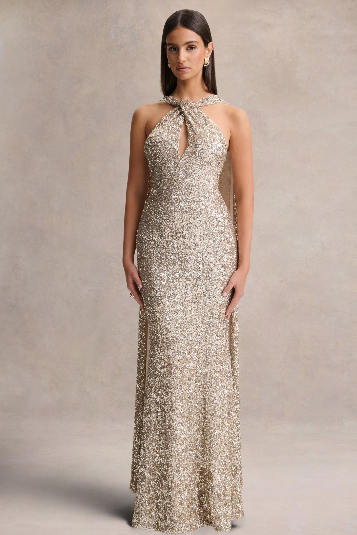 Renelle Gold Sequin Halter-Neck Maxi Dress
