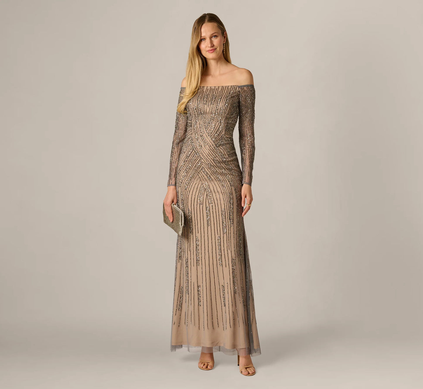Hand Beaded Off Shoulder Gown In Sterling