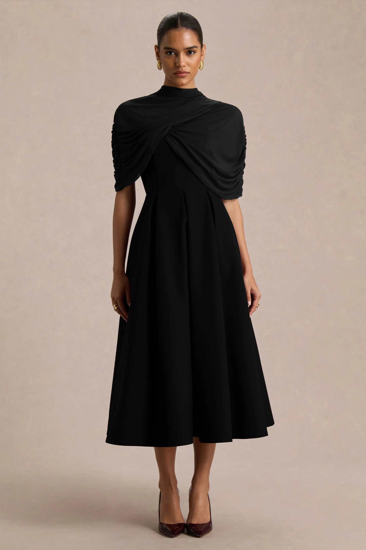 Thalia Black High-Neck Midi Dress With Sheer Mesh Cape