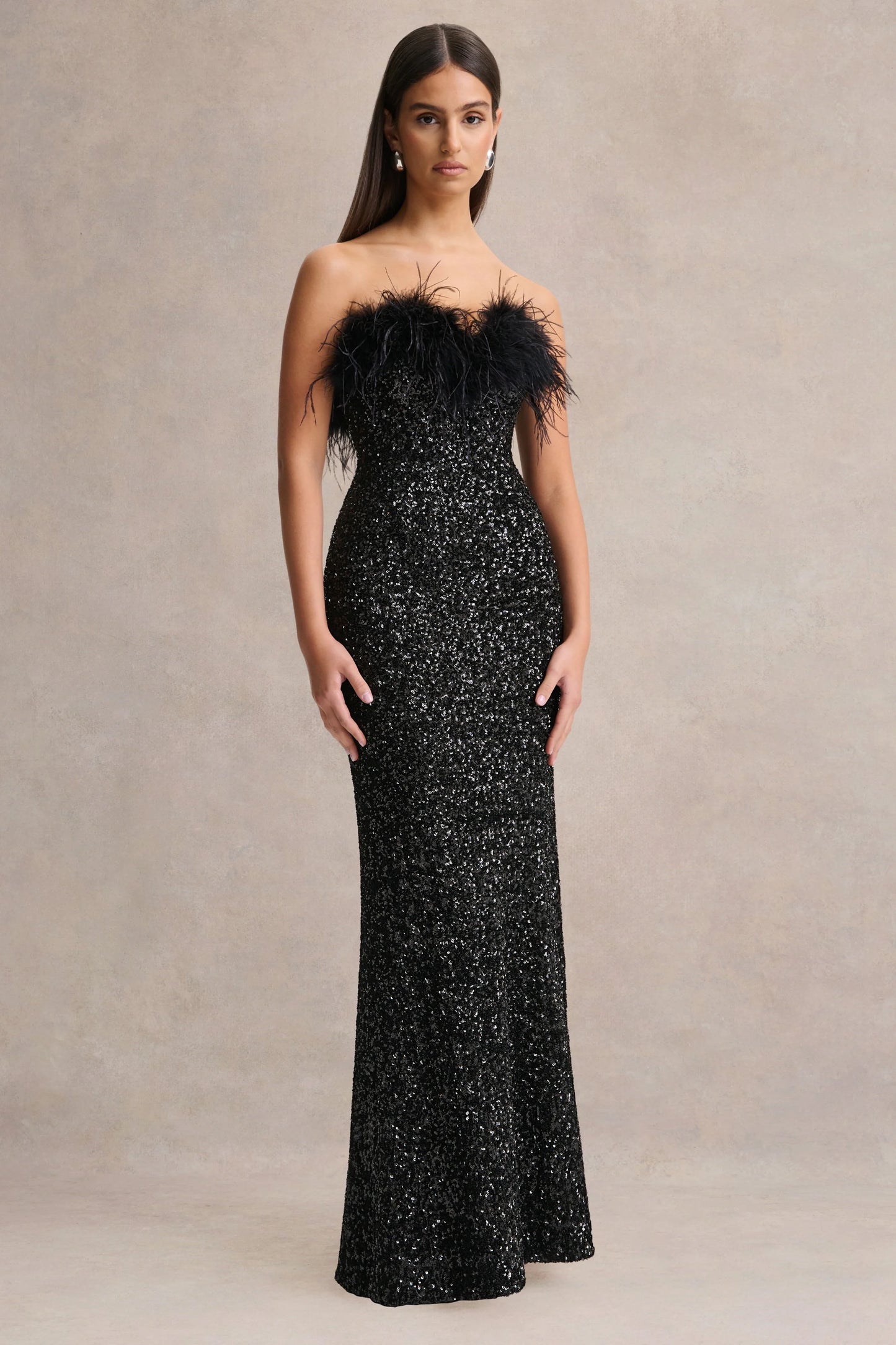 Daze Black Sequin Bandeau Maxi Dress With Feather-Trim