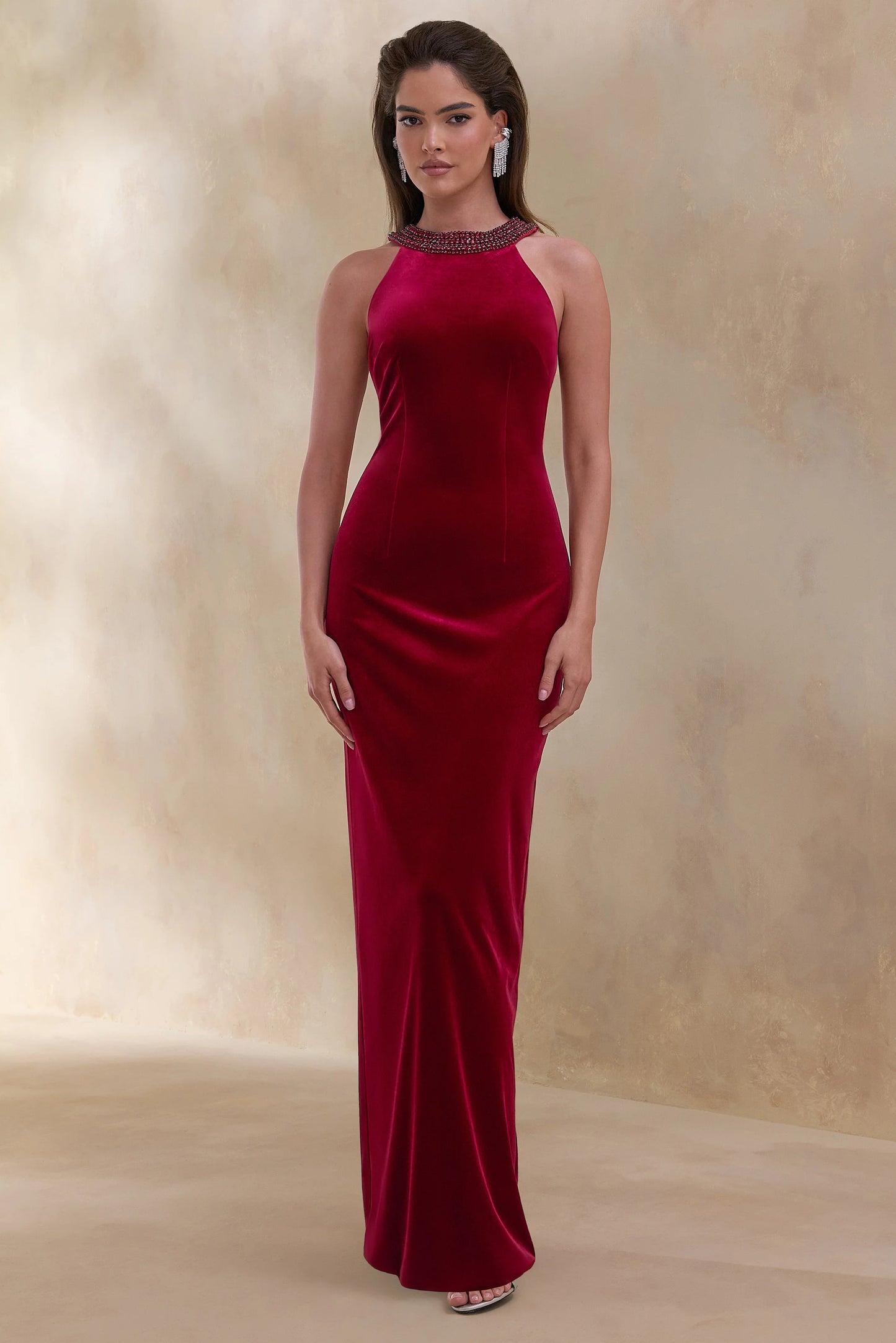 Darya Burgundy Velvet Embellished High-Neck Maxi Dress