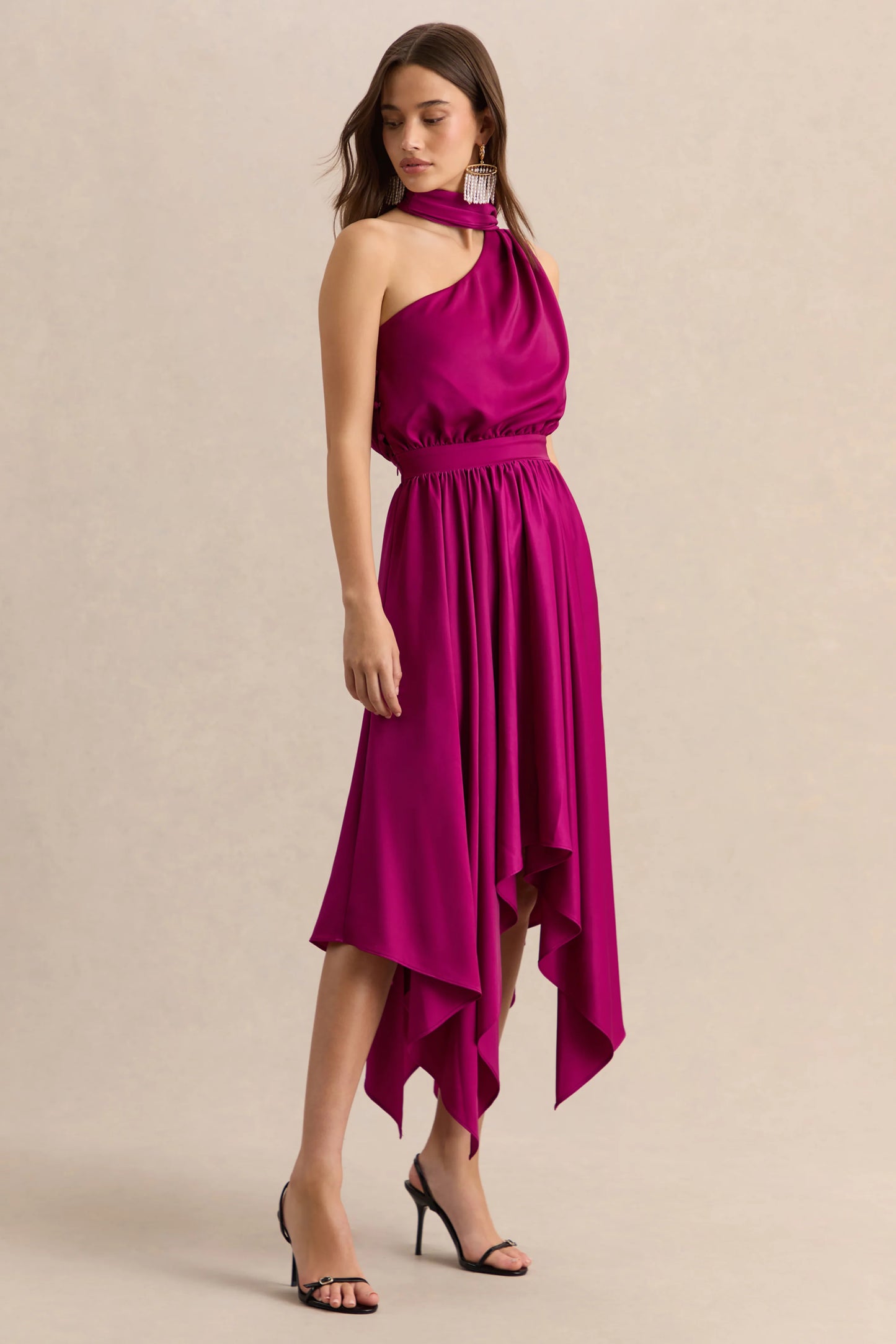 Caluna Hot Pink Satin Asymmetric-Neck Midi Dress With Scarf-Detail