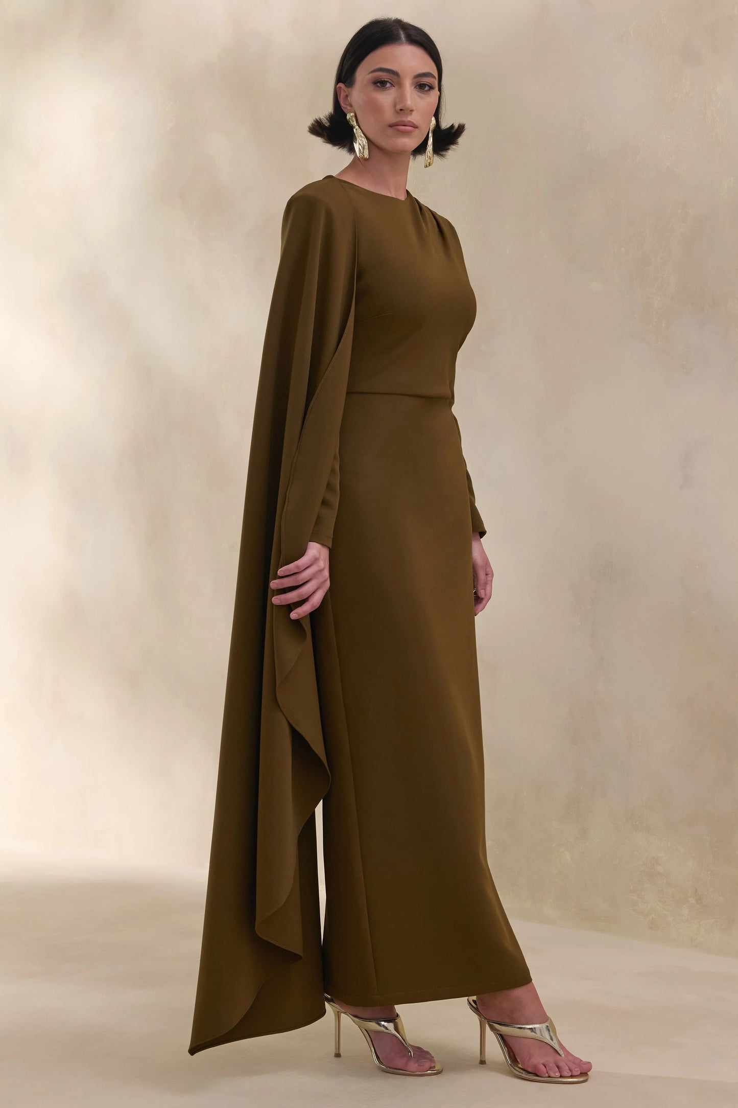 Jovea Olive Round-Neck Maxi Dress With Cape-Sleeve