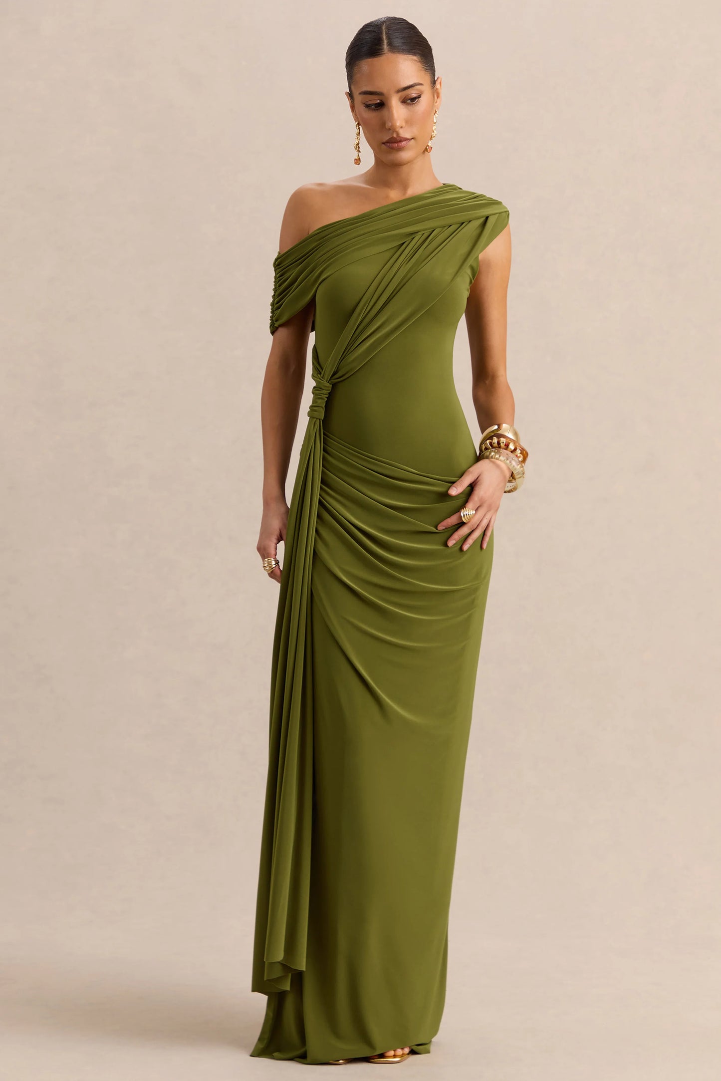 Avialee Green Asymmetric-Neck Maxi Dress With Gathered-Detailing And Sash