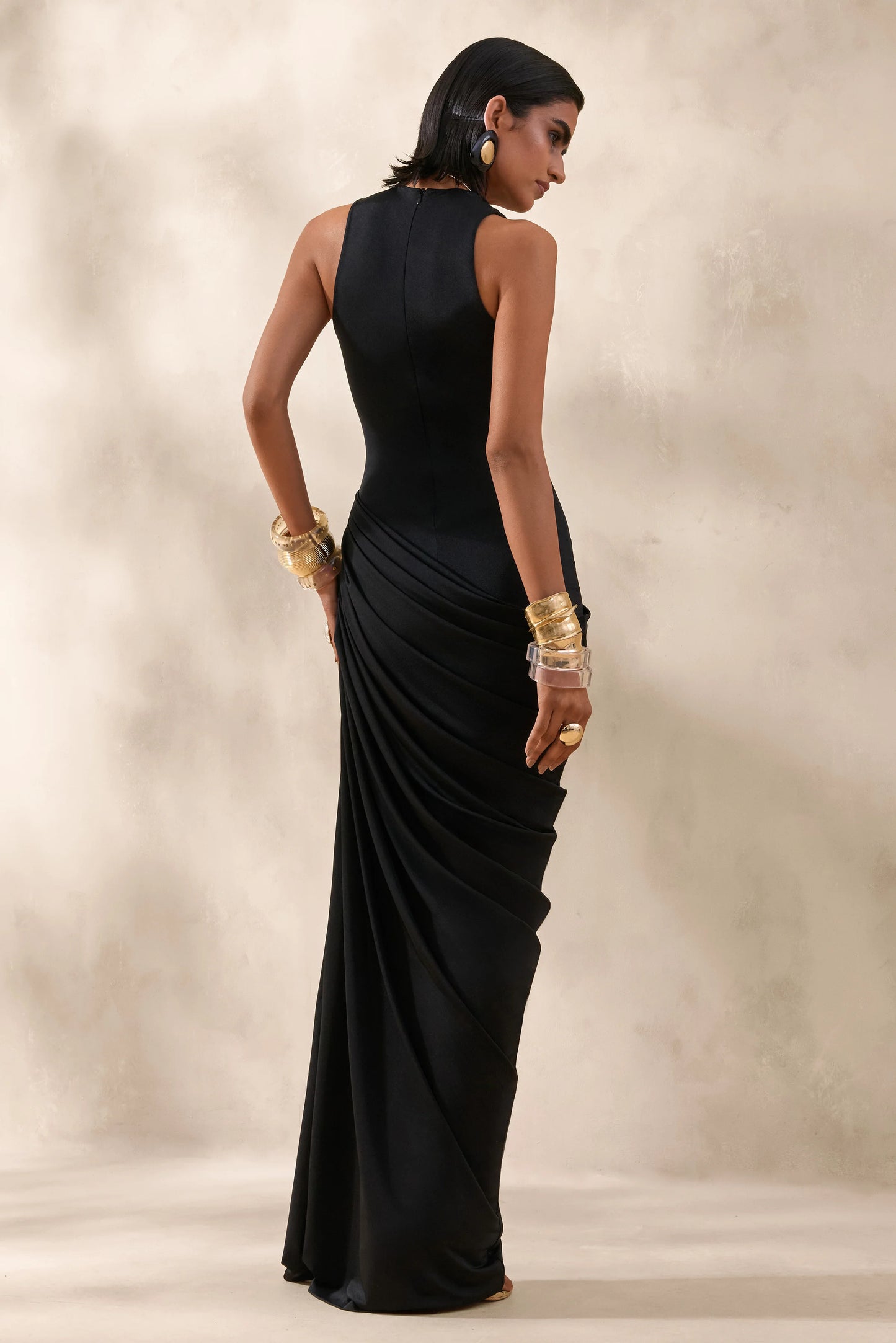 Mademoiselle Black Cowl-Neck Maxi Dress With Draped Detailing