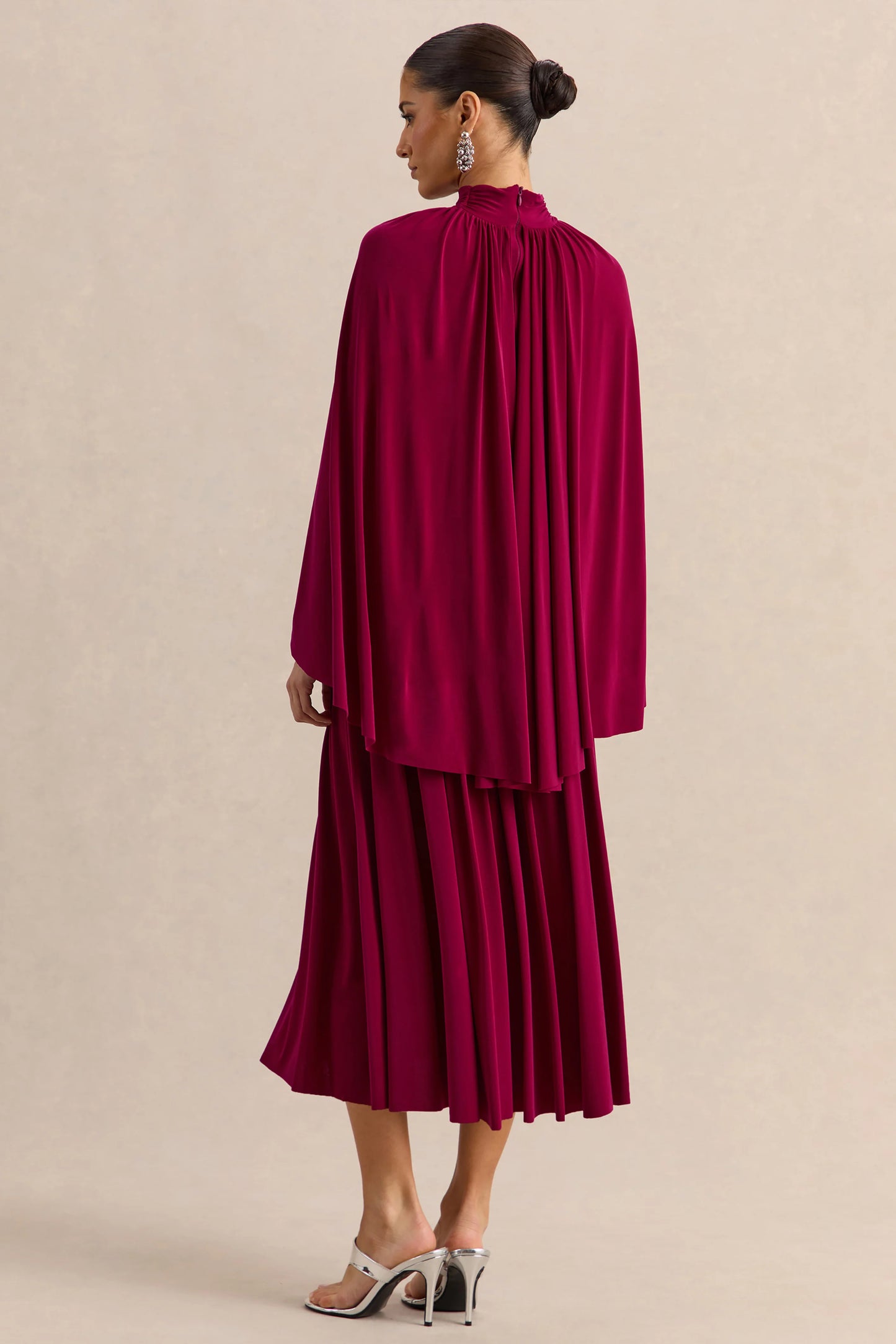 Honora Burgundy High-Neck Midi Dress With Cape-Sleeves
