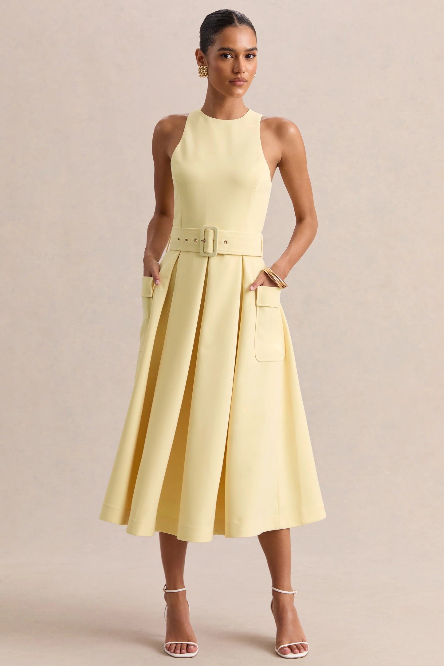 Magnora Lemon Crew-Neck Belted Midi Dress