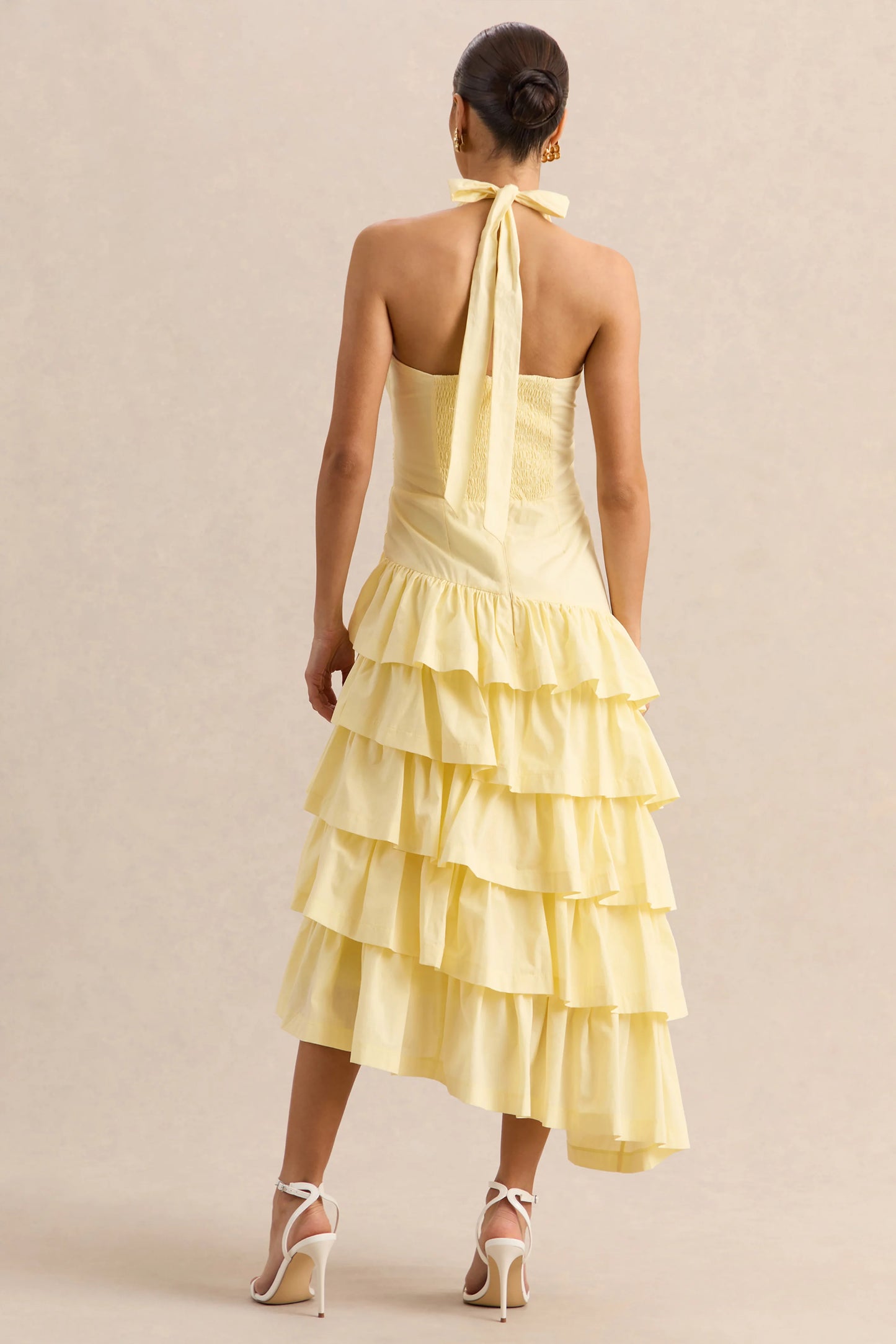 Velora Lemon Asymmetric Midi Dress With Tiered-Ruffled Skirt