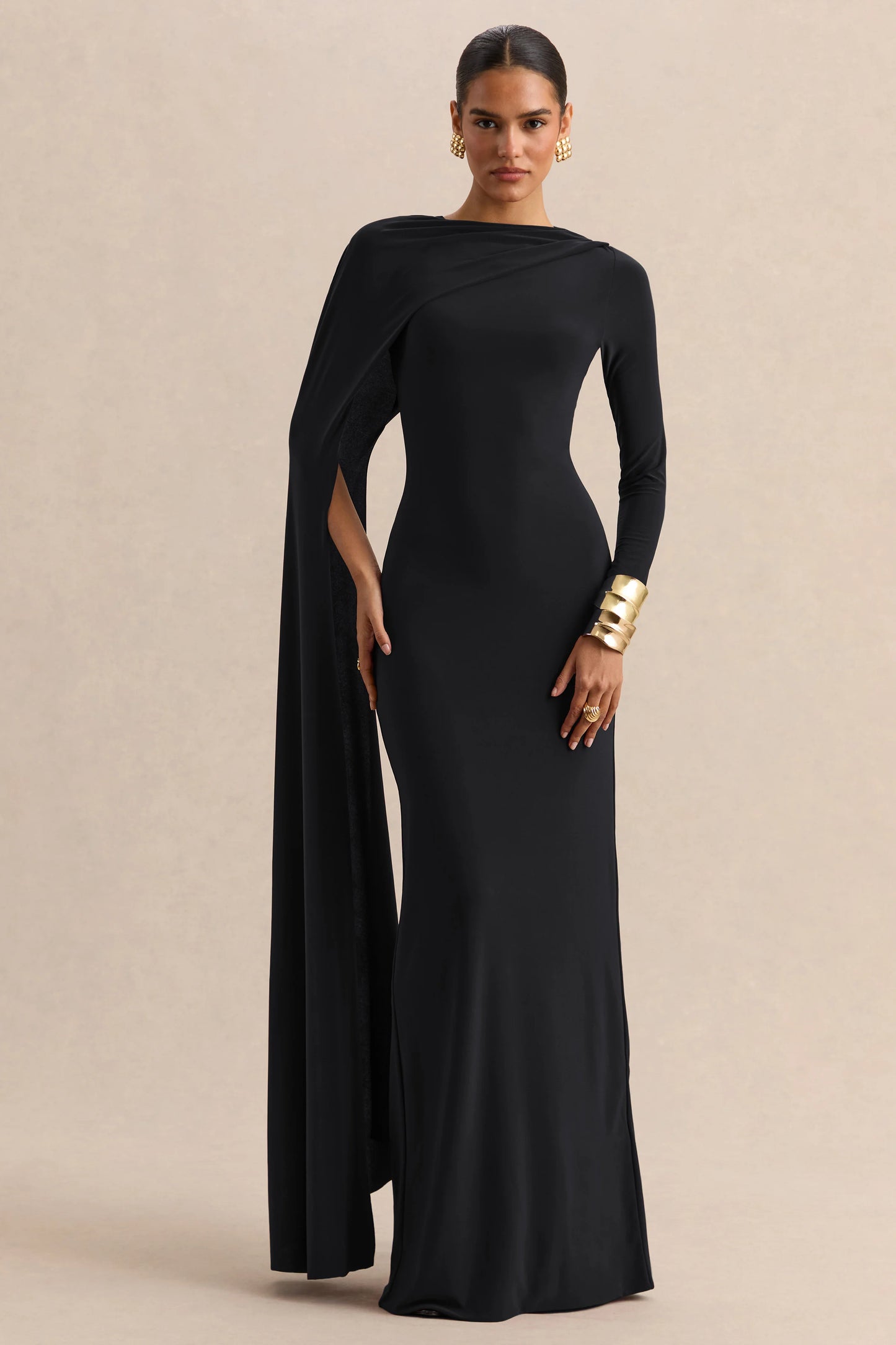 Halina Black High-Neck Maxi Dress With Cape-Sleeve