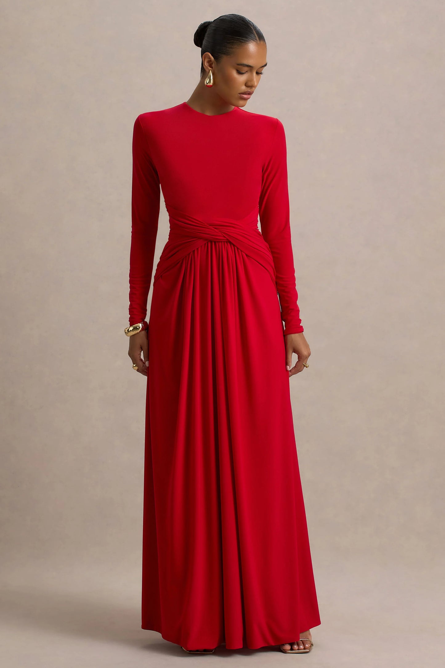 Estrella Red High-Neck Maxi Dress With Ruched Detailing