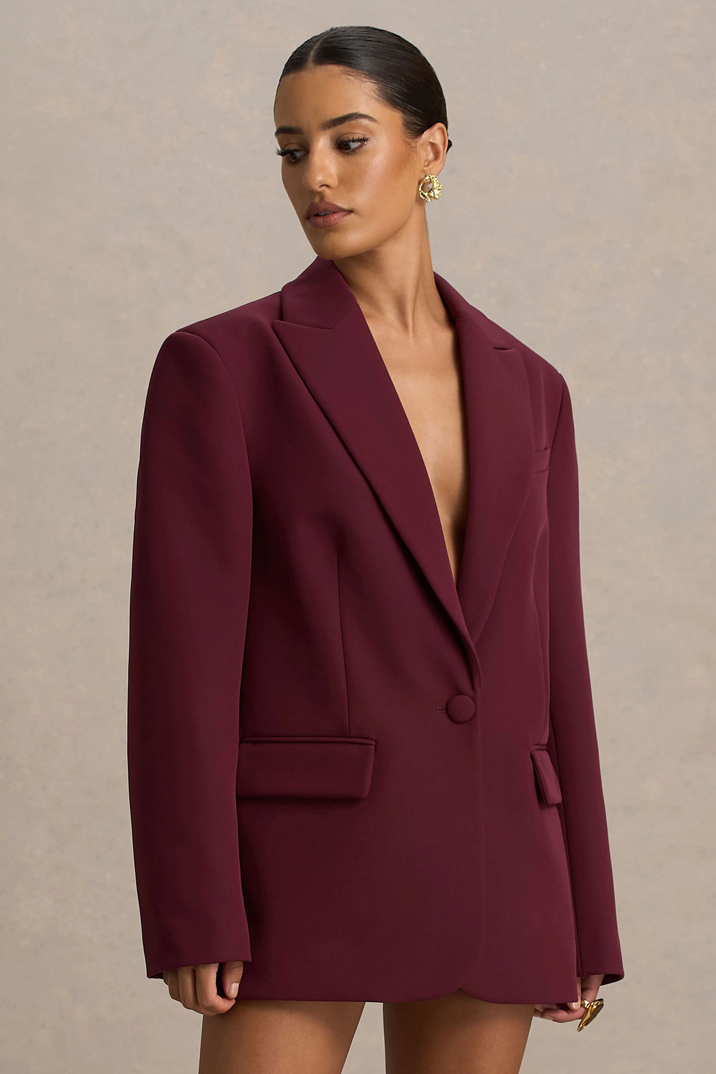 Katherine Burgundy Plunge-Neck Oversized Blazer