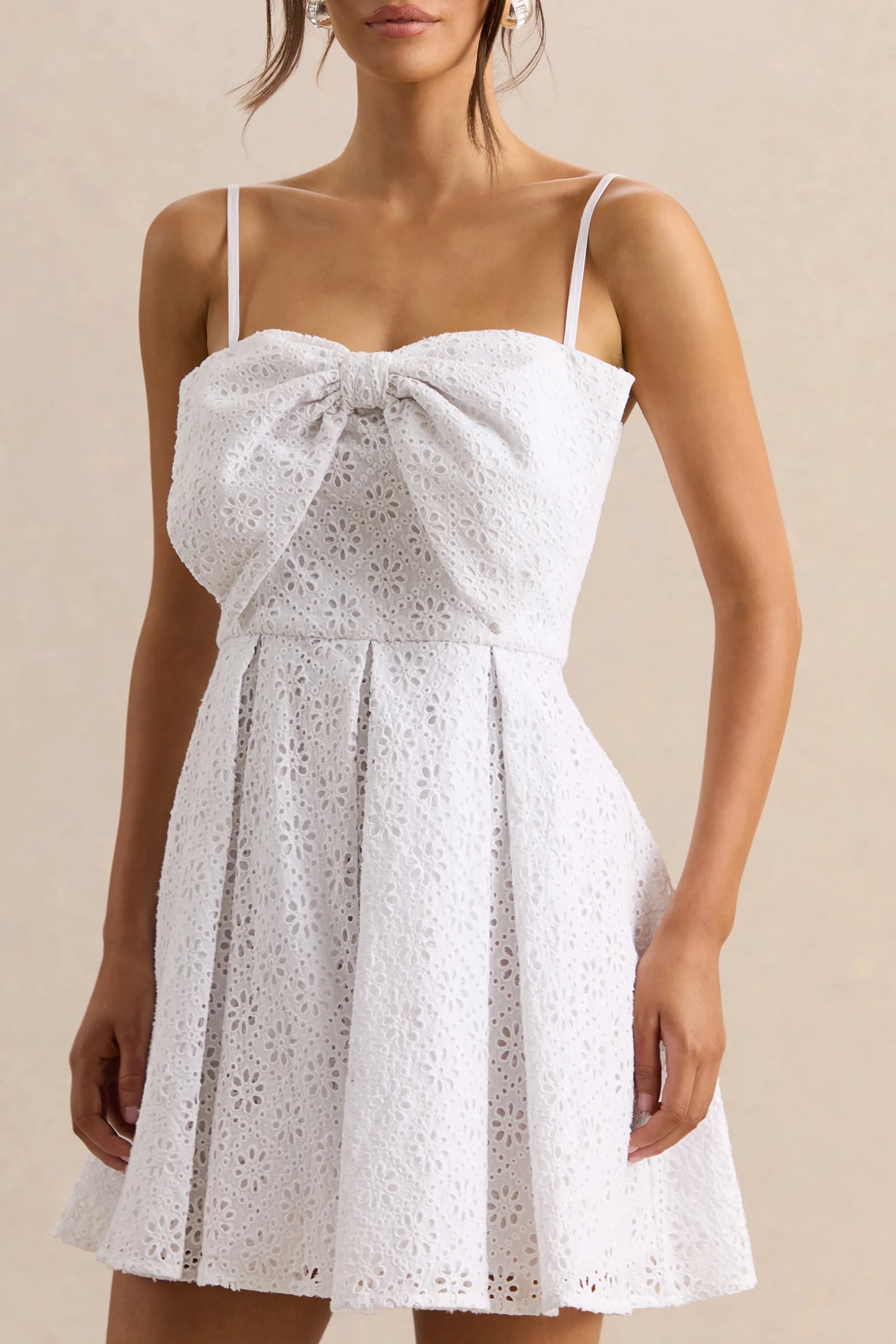 Elina White Square-Neck Mini Dress With Bow Detail