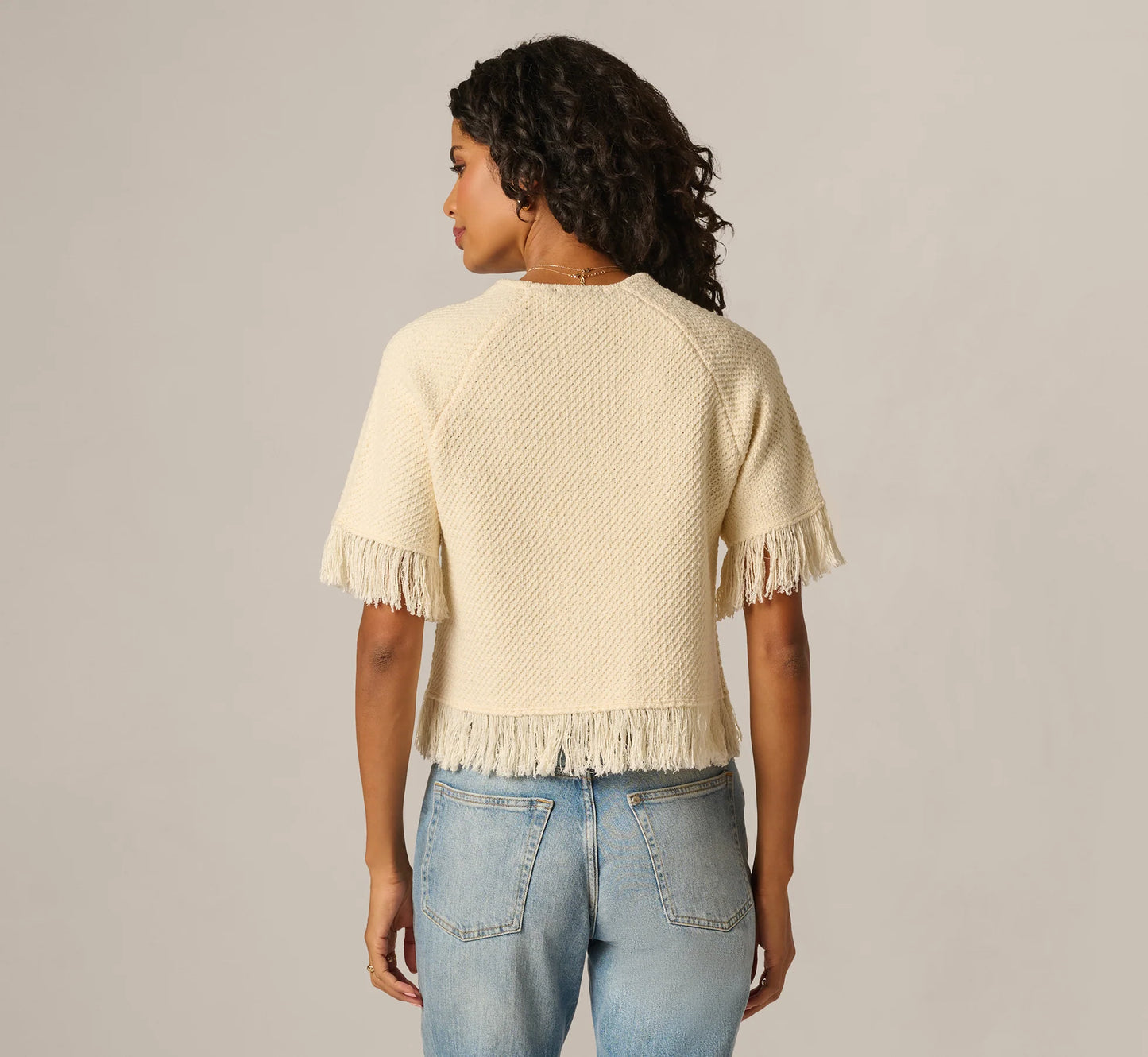 Short Sleeve Textured Knit Raglan Fringe Sweater In Cream