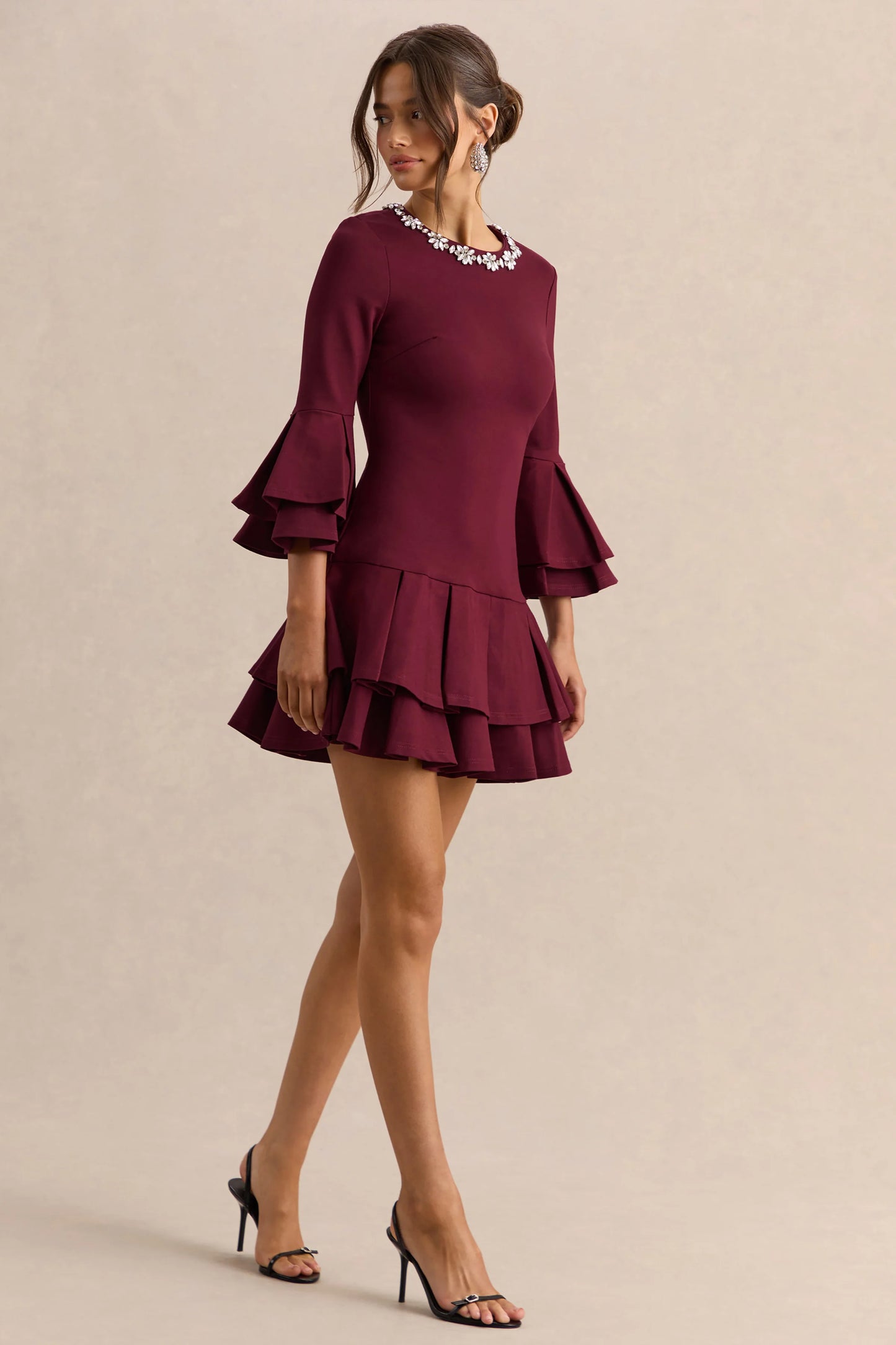Mirna Burgundy Crew-Neck Mini Dress With Bell Sleeves And Ruffled Detailing