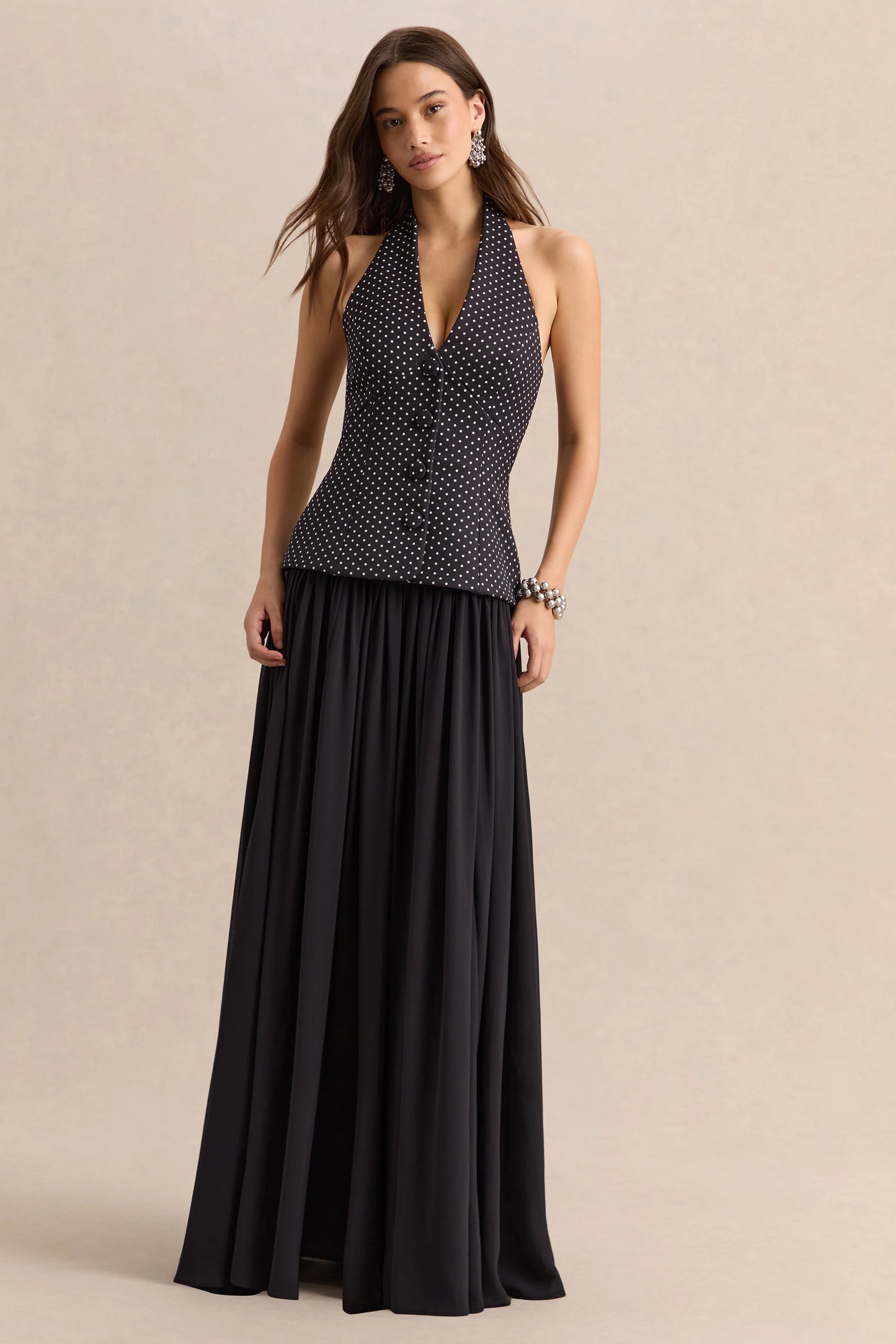 Zarina Black & White Polka-Dot Plunge-Neck Maxi Dress