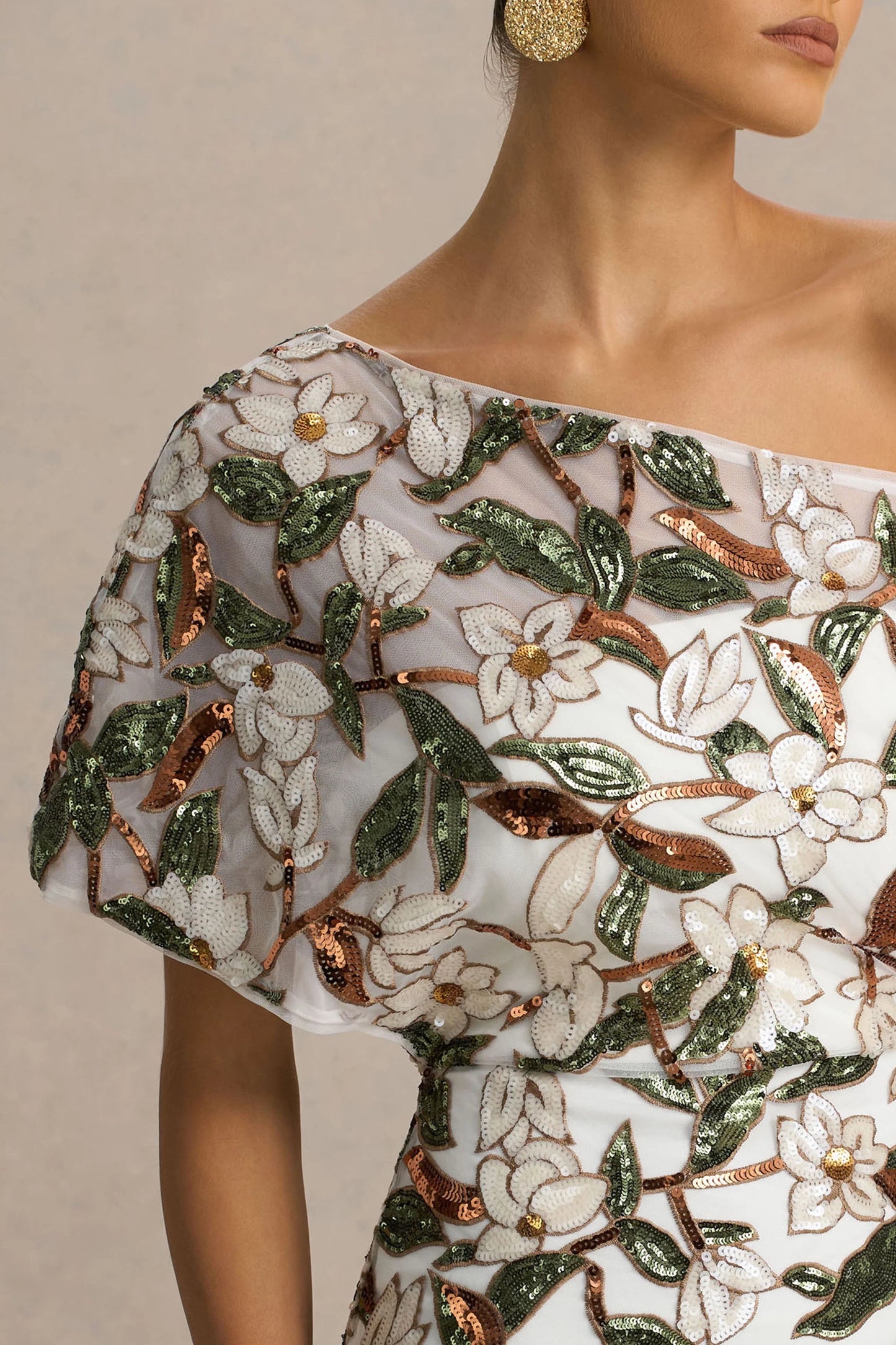 Iony White And Green Embellished Sequin Floral And Mesh Asymmetric-Neck Maxi Dress