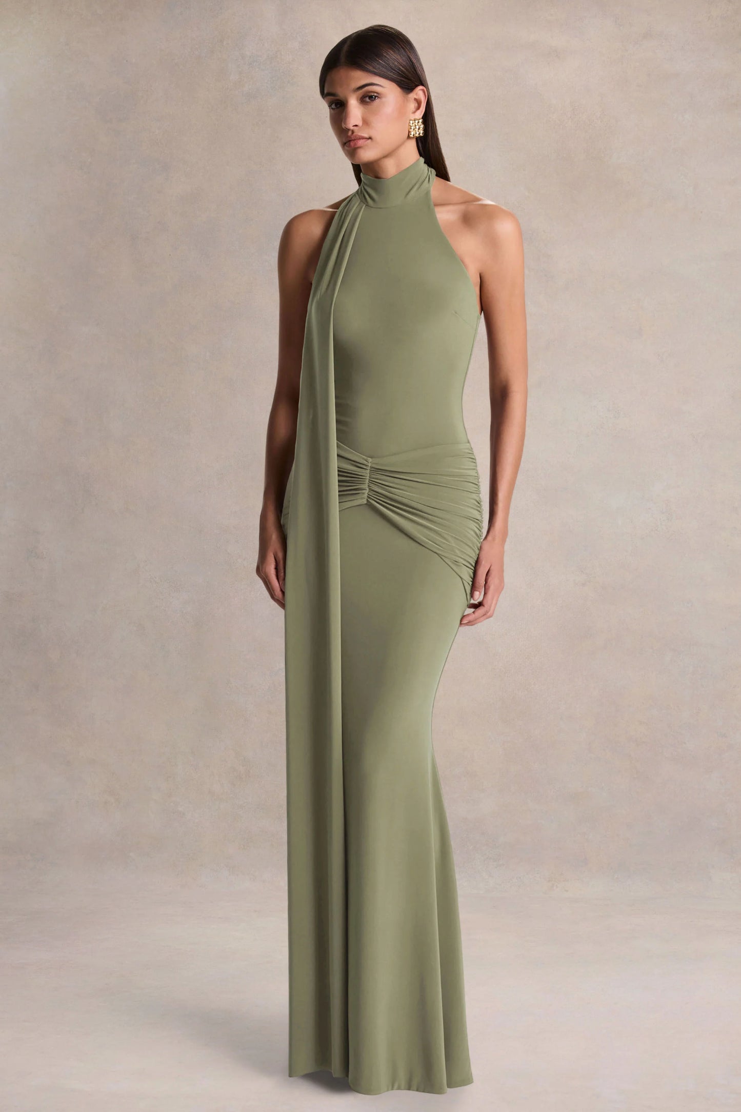 Hyla Green High-Neck Maxi Dress With Sash-Detail