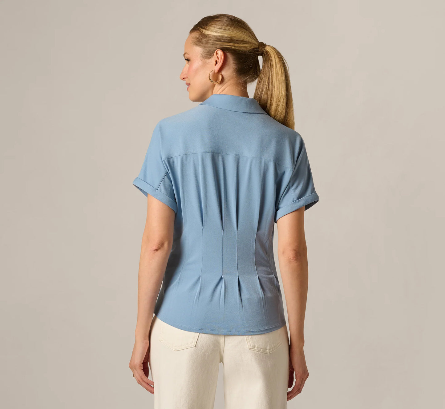 Short Sleeve Pleated Waist Blouse In Rain Washed