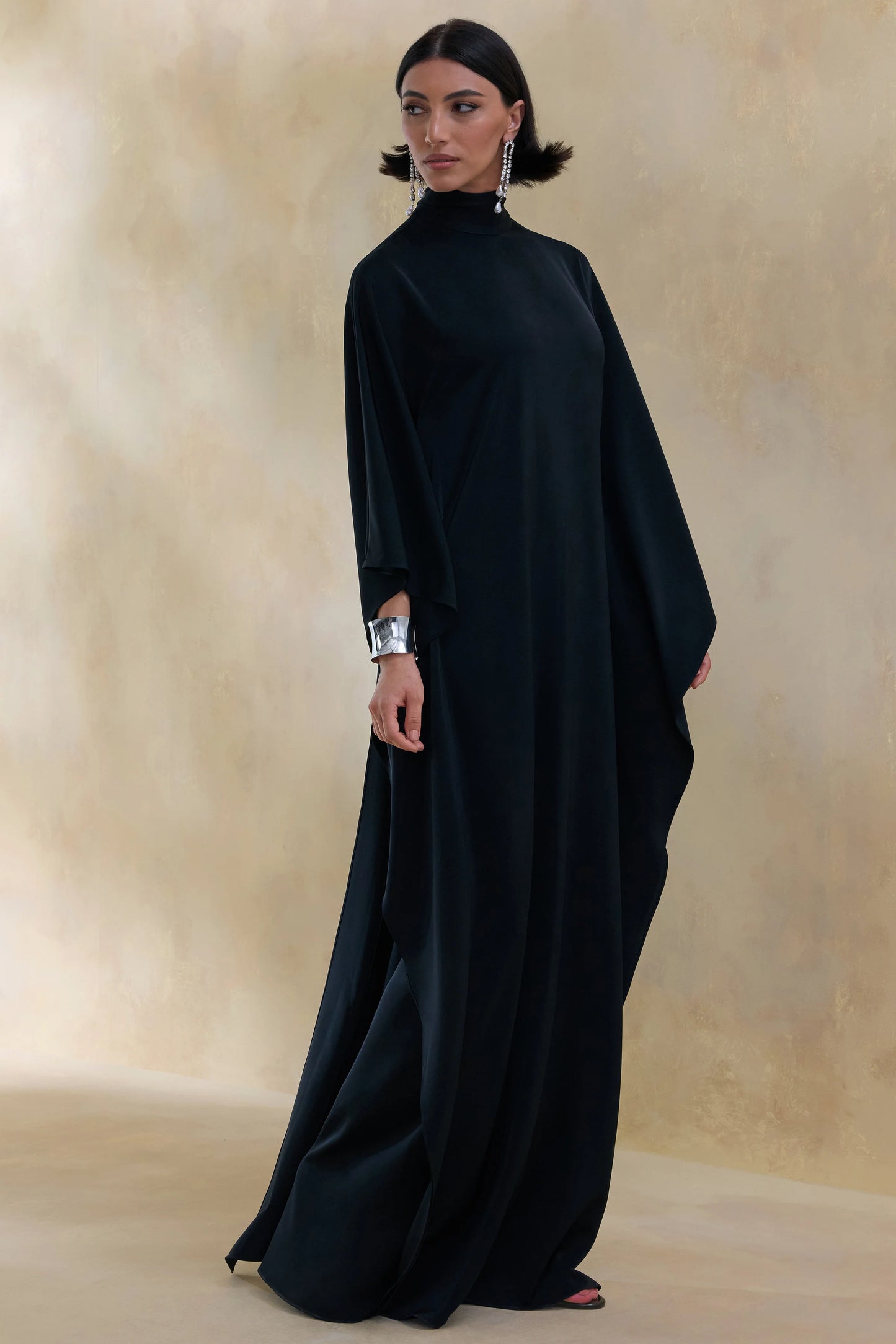 Lumisette Black Satin High-Neck Maxi Dress With Cape